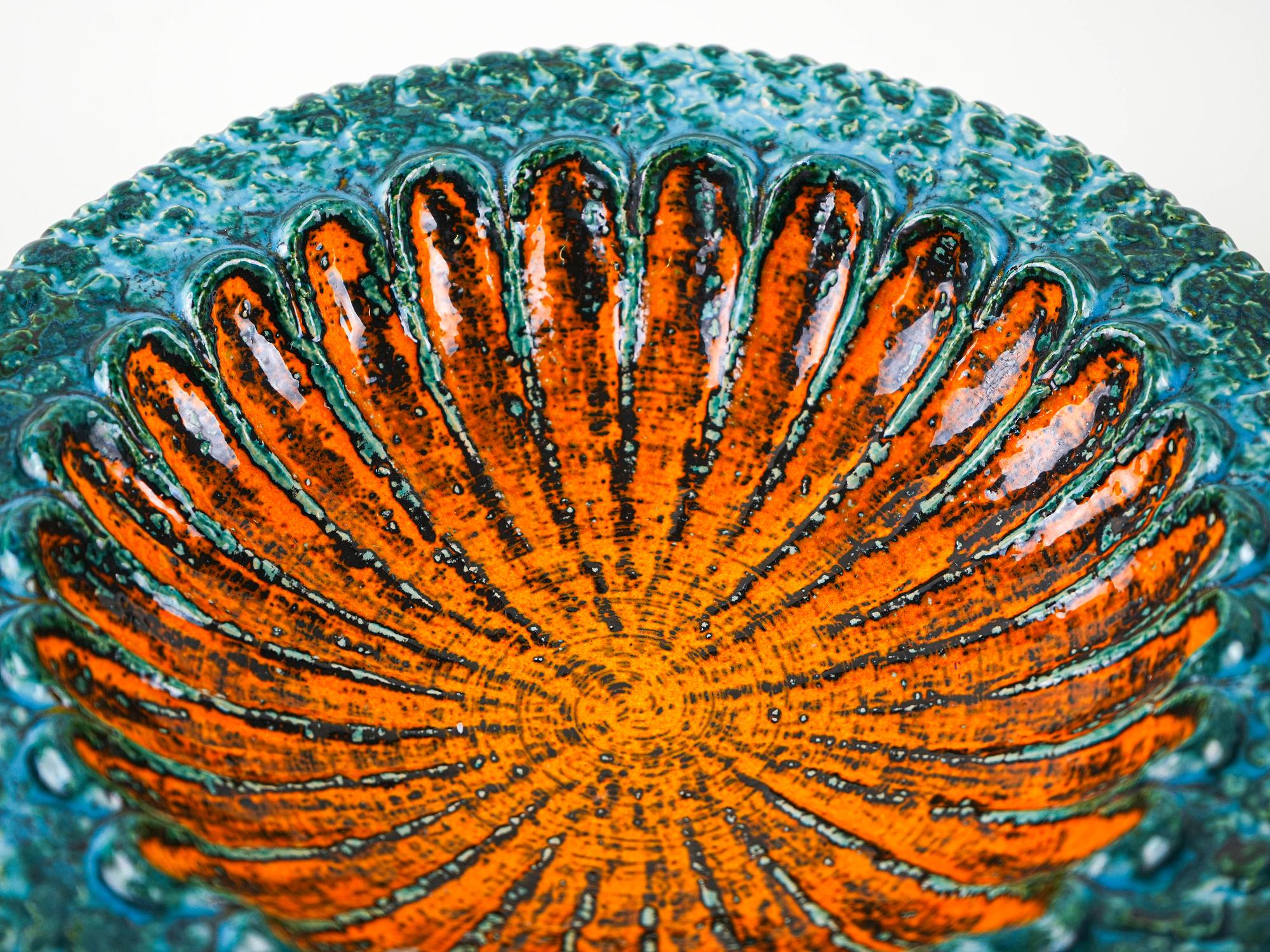 Decorative plate ceramic turquoise orange 1960s 4
