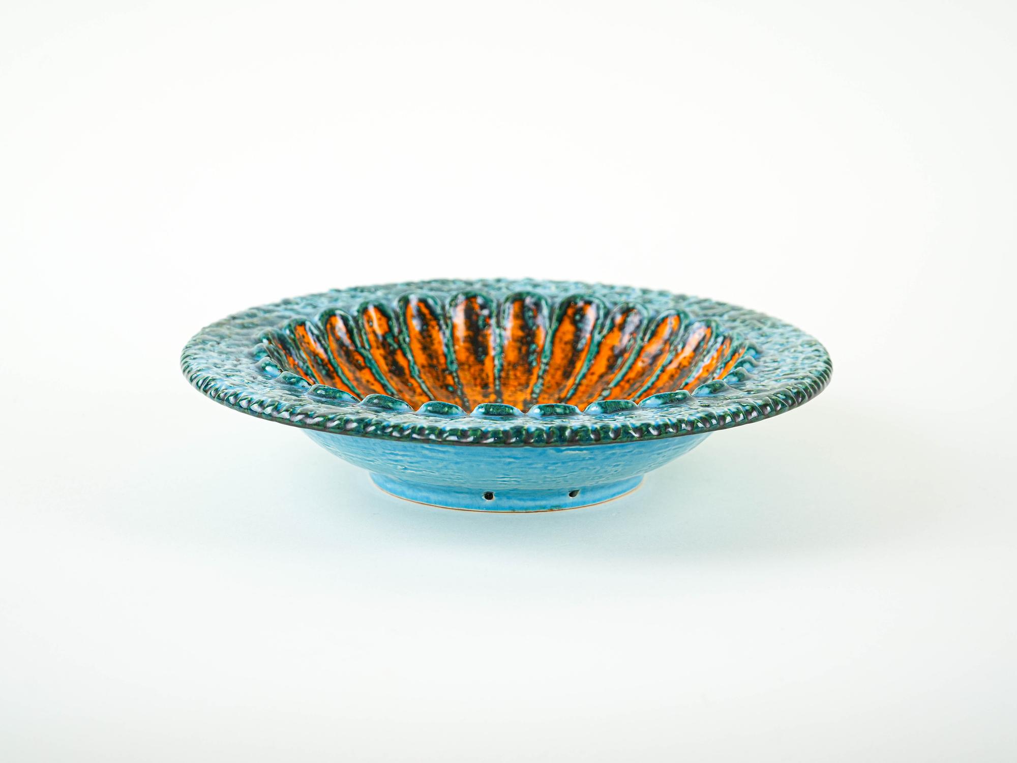 Decorative plate ceramic turquoise orange 1960s 3