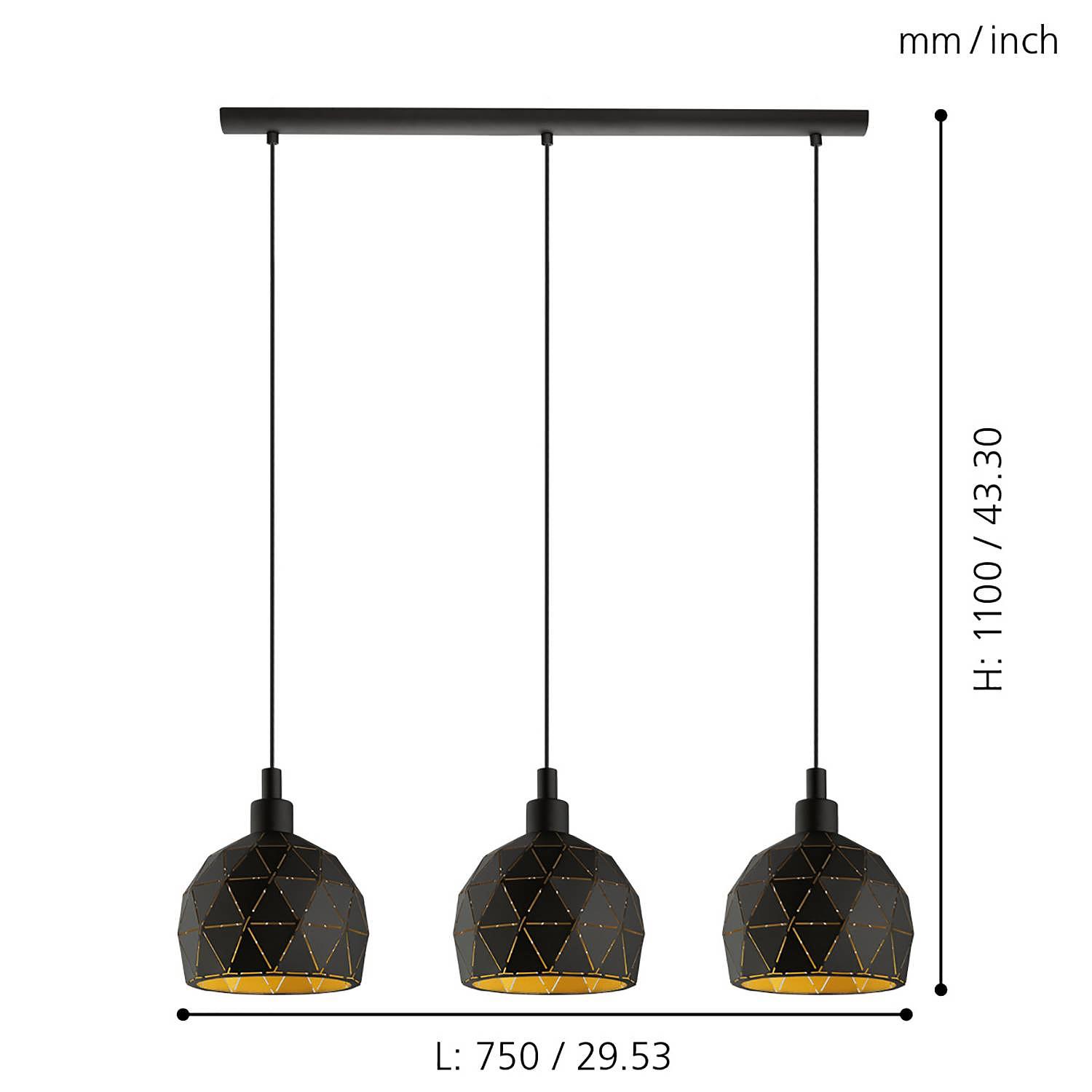 Roccaforte III Pendant Lamp Steel Black 3-light 3
