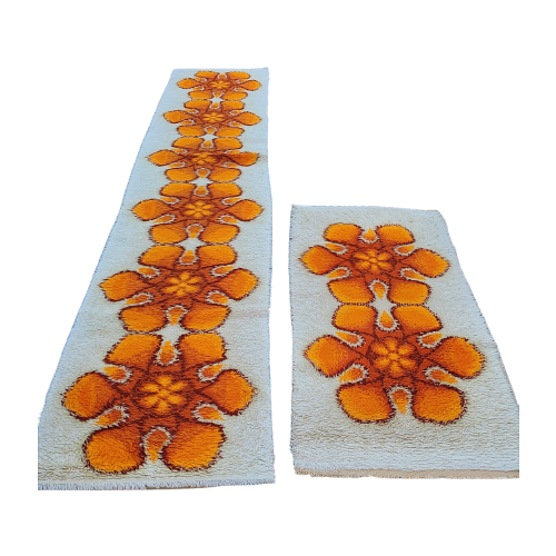 Vintage x2 Läufer Teppiche Wolle Orange 70er Jahre 0