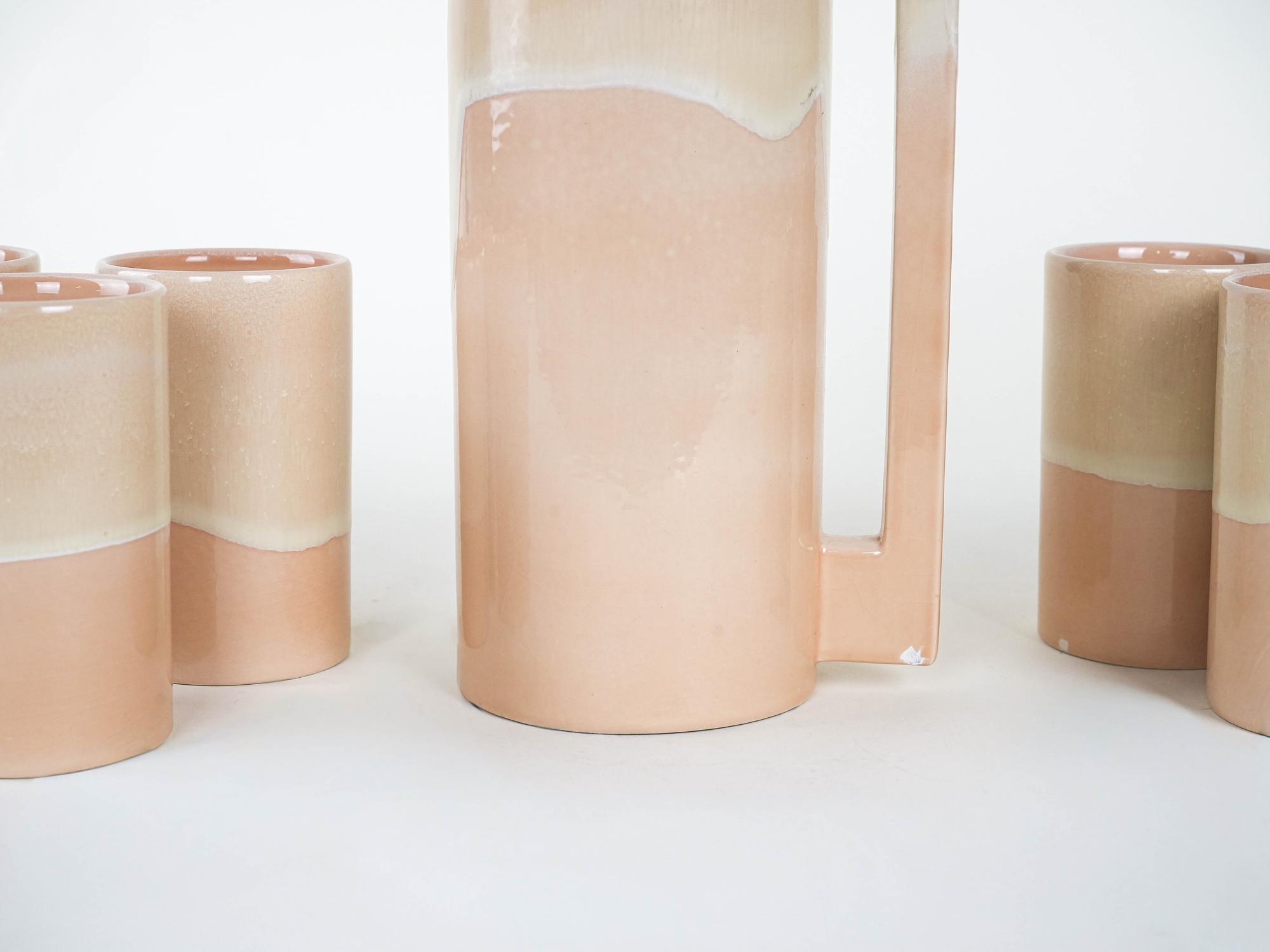 Ceramic pitcher and cup set Beige 1960s 4