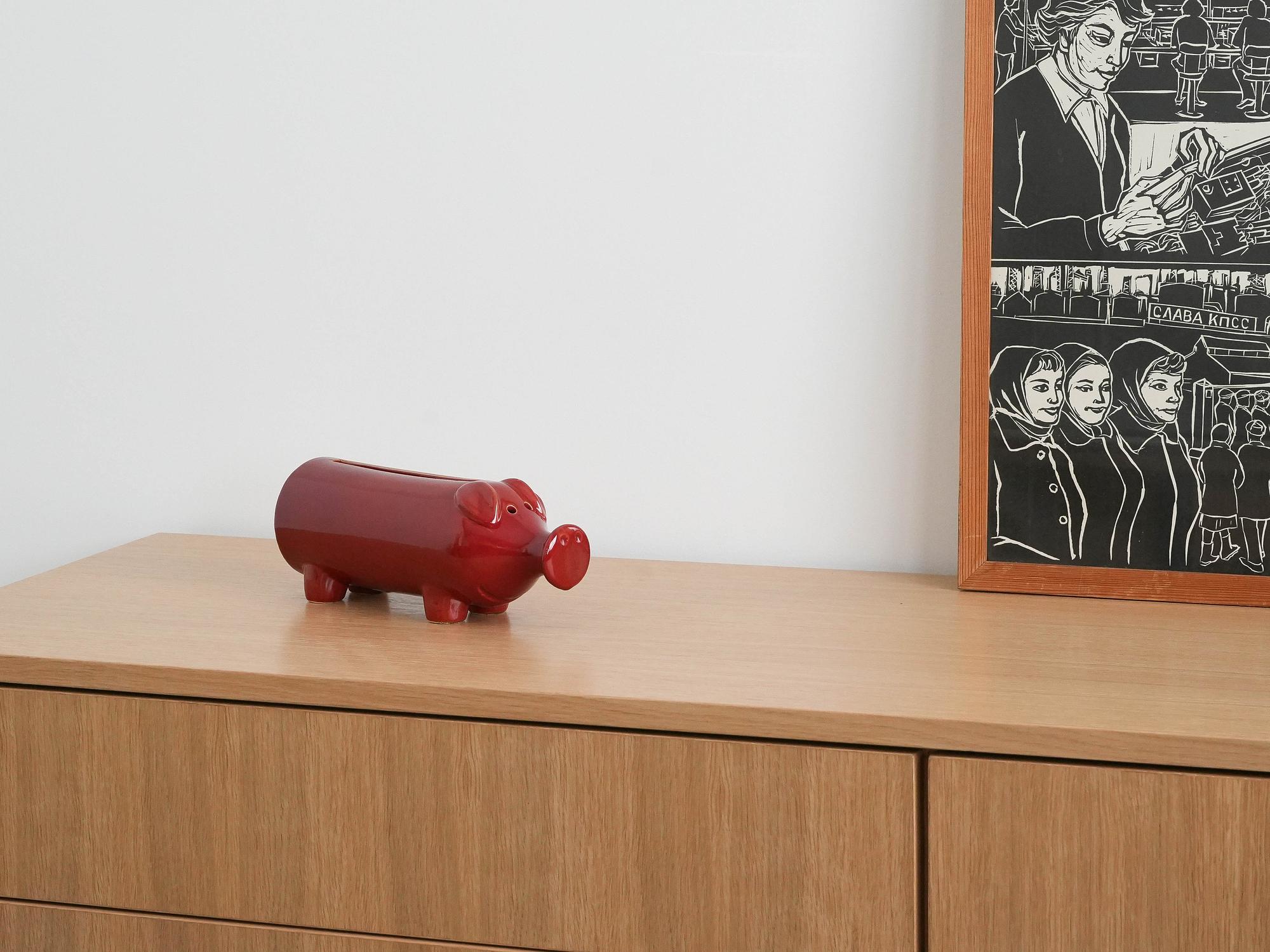 Sparschwein Porzellan Rot 1960er Jahre 1