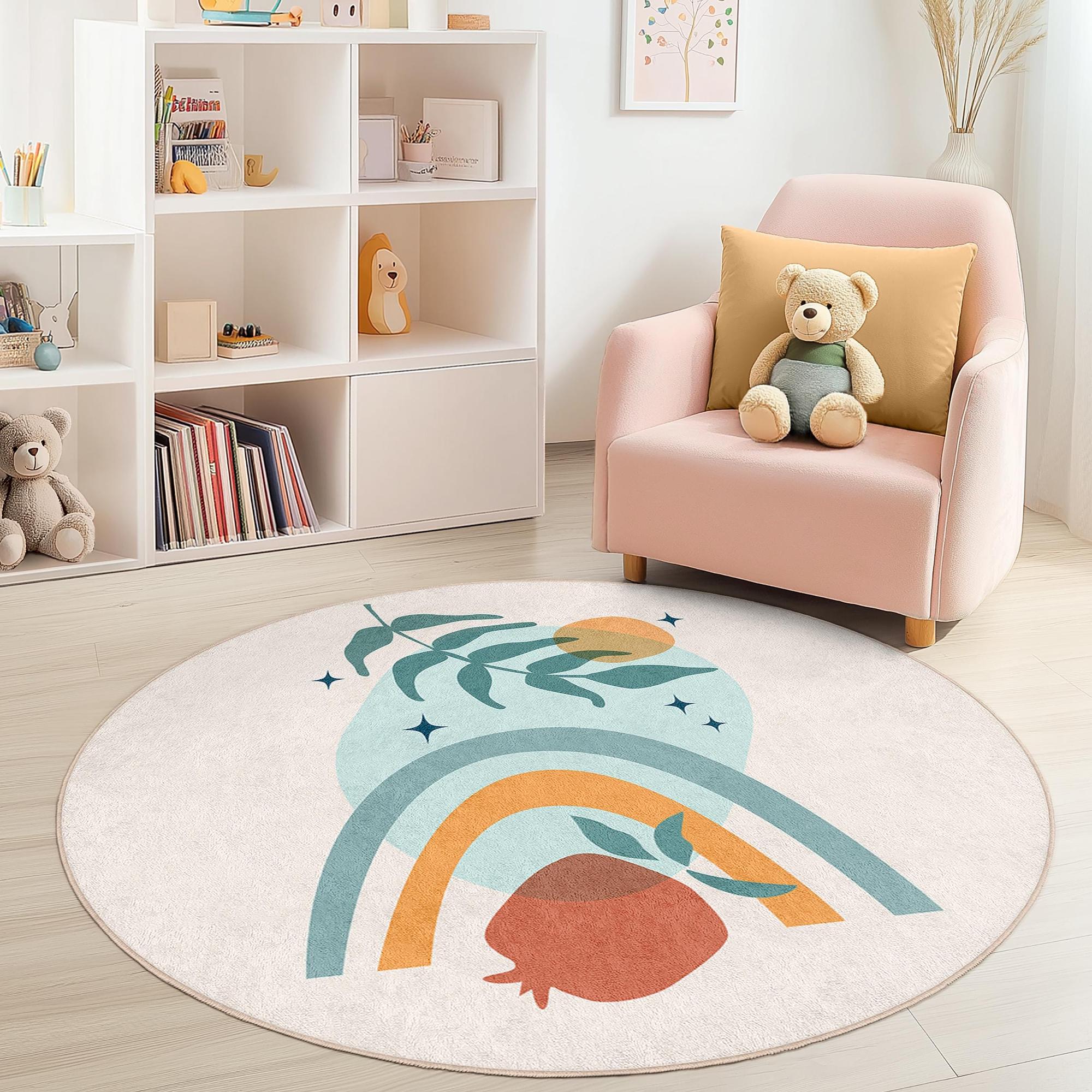 Rainbow and Leaf Children's Rug Multicolored Ø150cm 2