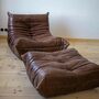 Togo Armchair and Ottoman Set Pull-Up Leather Walnut Brown 0