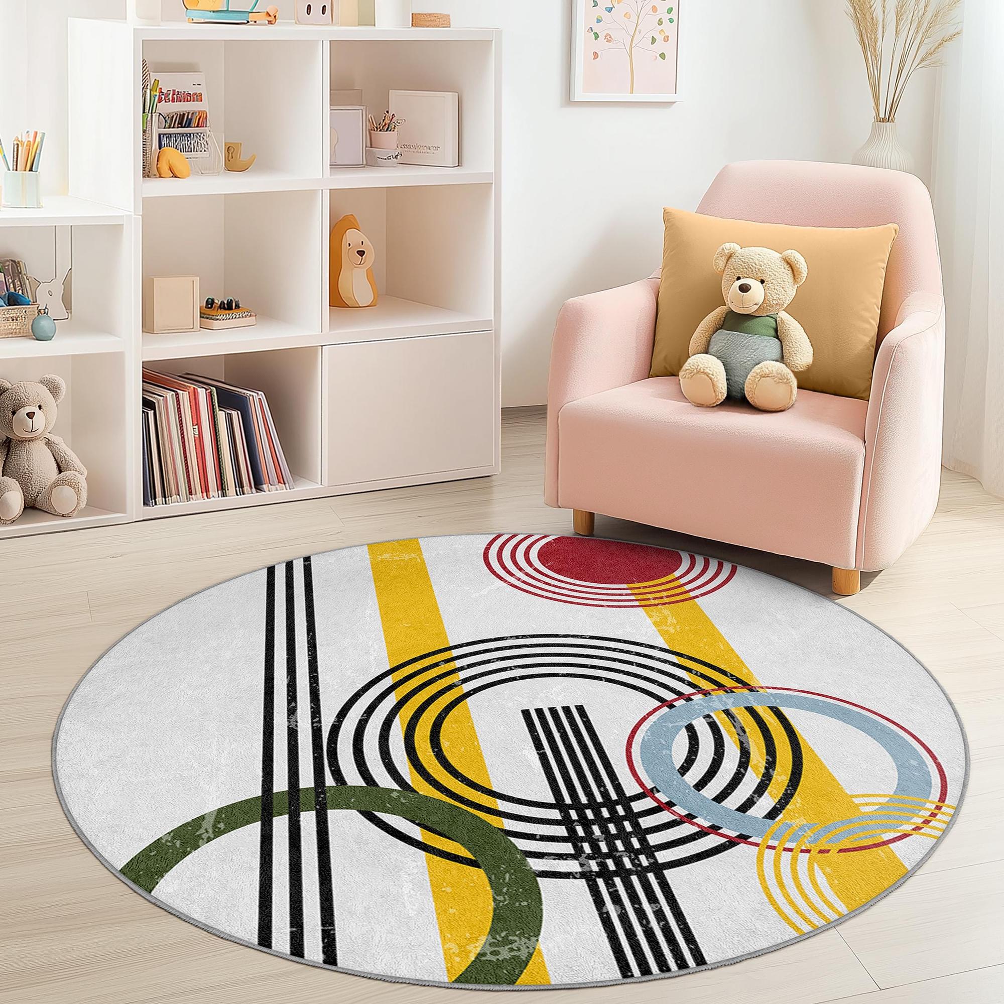 Abstract Circle Design Children's Rug Multicolored Ø180cm 2