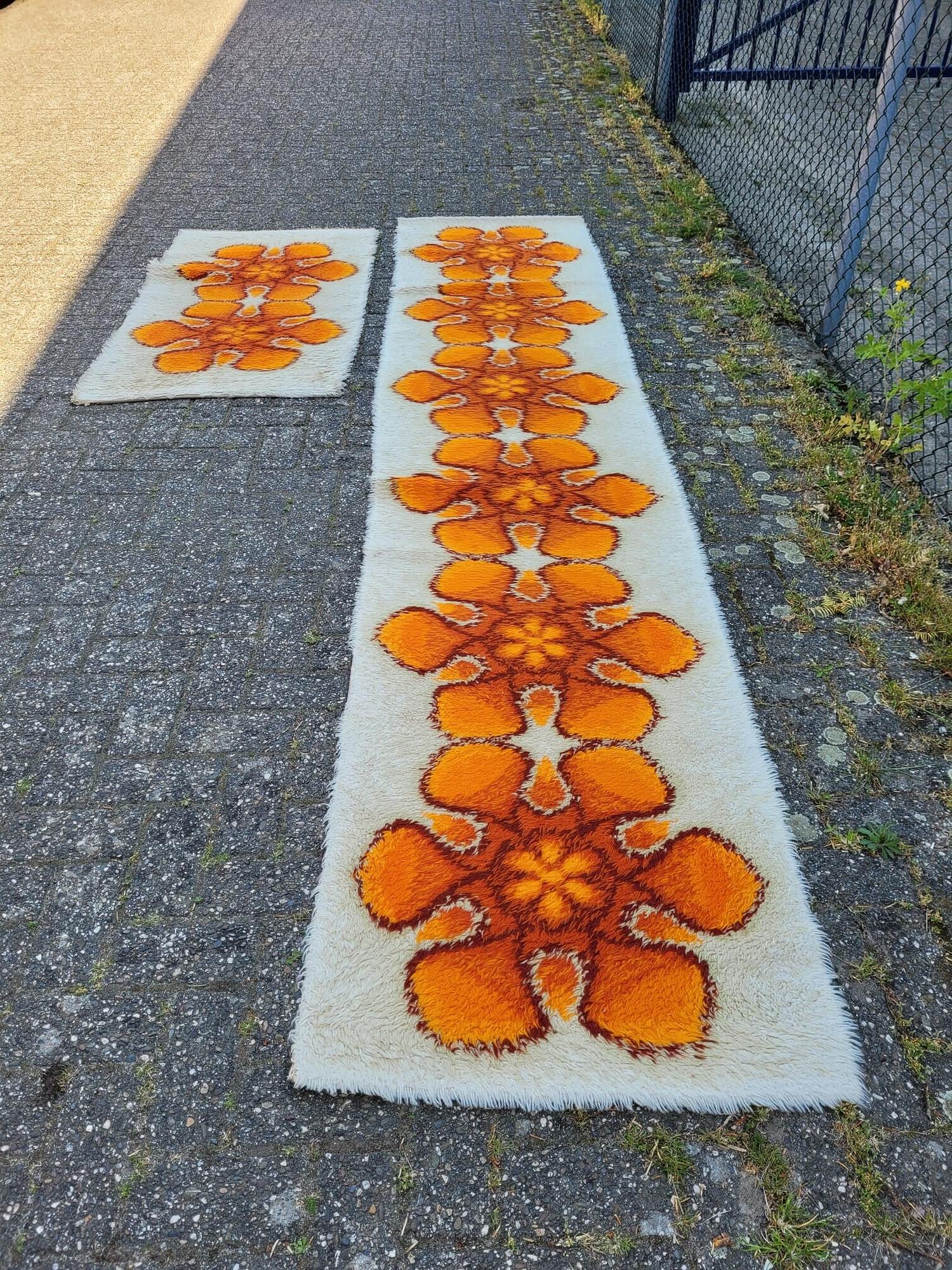 Vintage x2 Läufer Teppiche Wolle Orange 70er Jahre 1