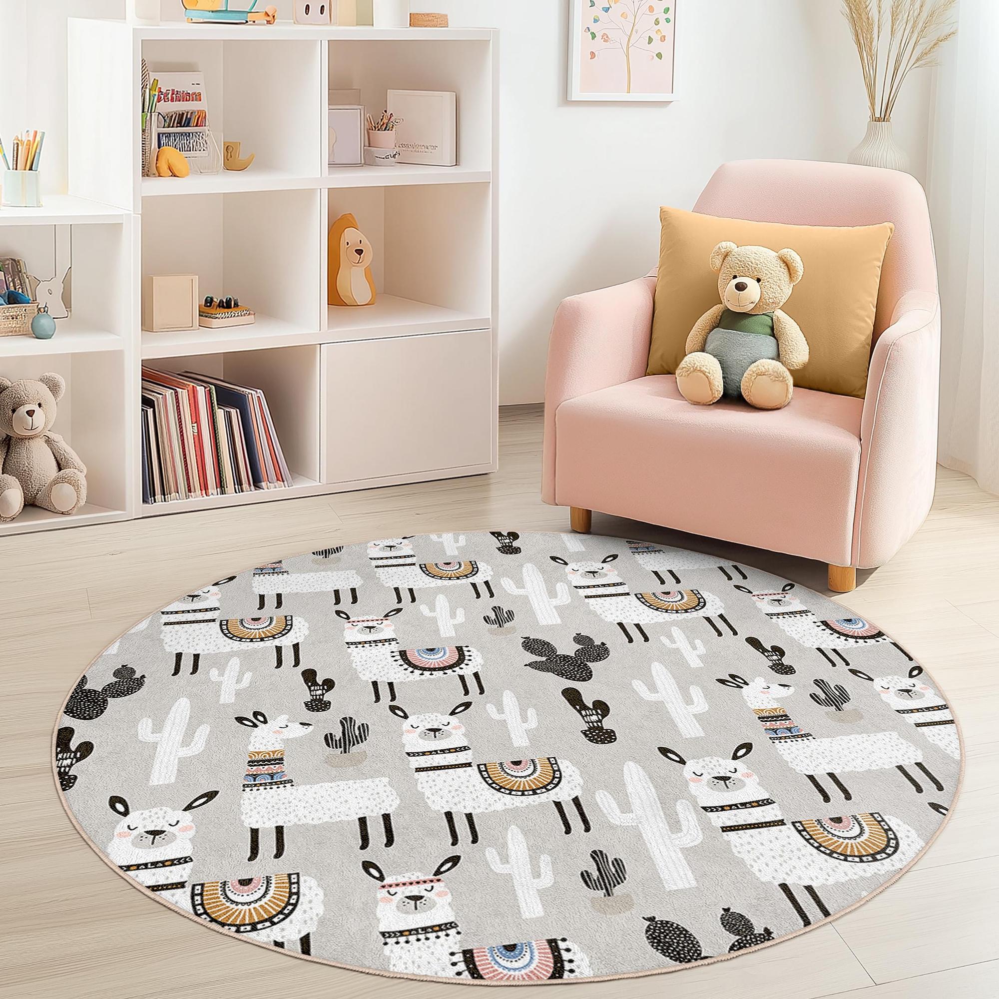 Llama and Cactus Children's Rug Multicoloured ⌀120cm 2