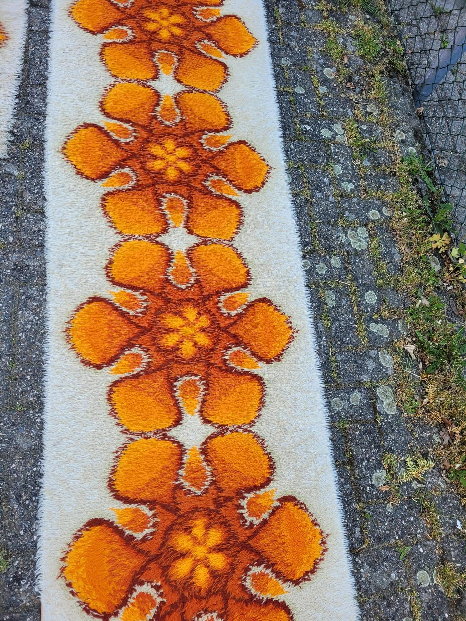 Vintage x2 Läufer Teppiche Wolle Orange 70er Jahre 3