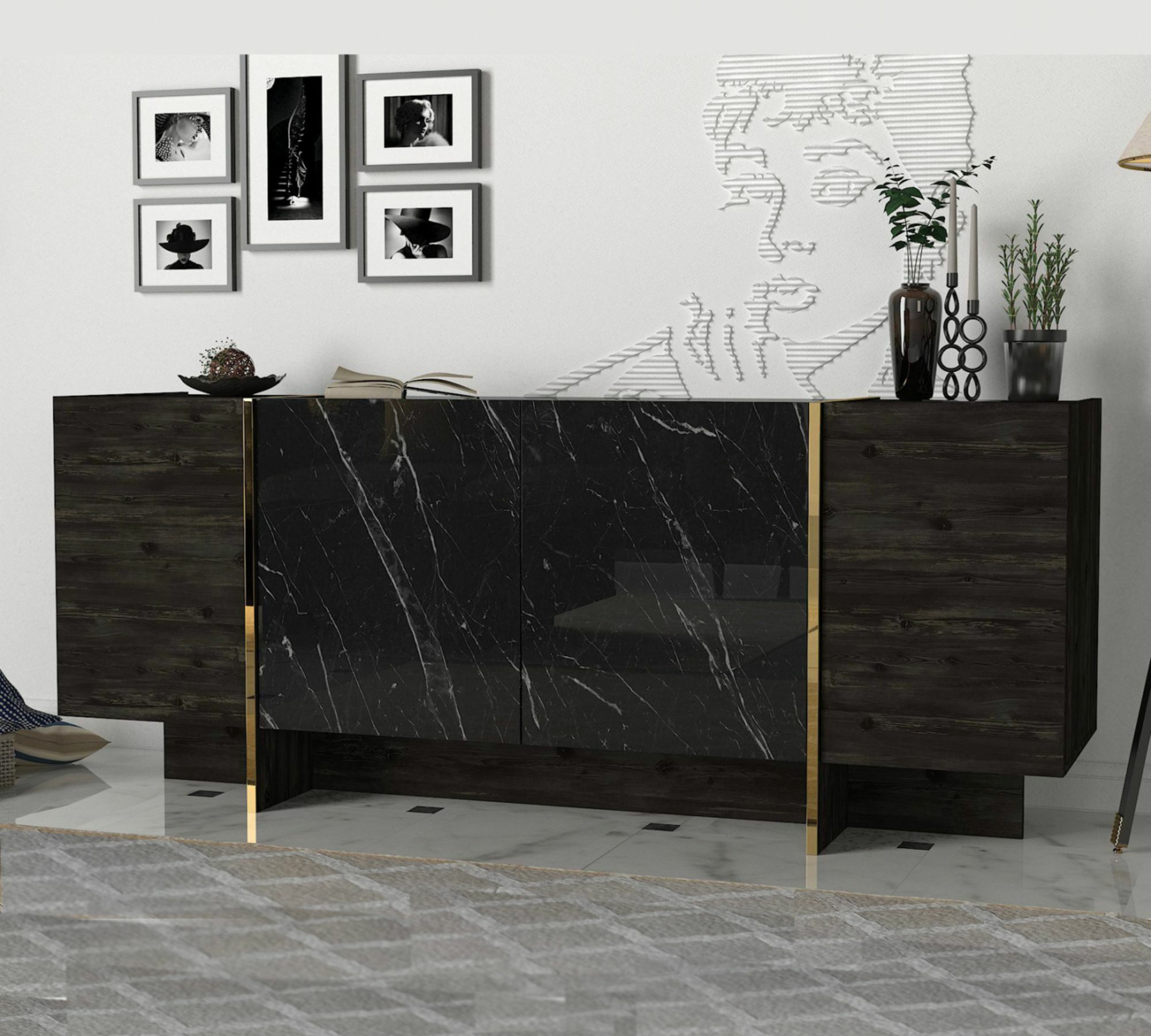 Sideboard Holz Schwarz Marmoroptik 6