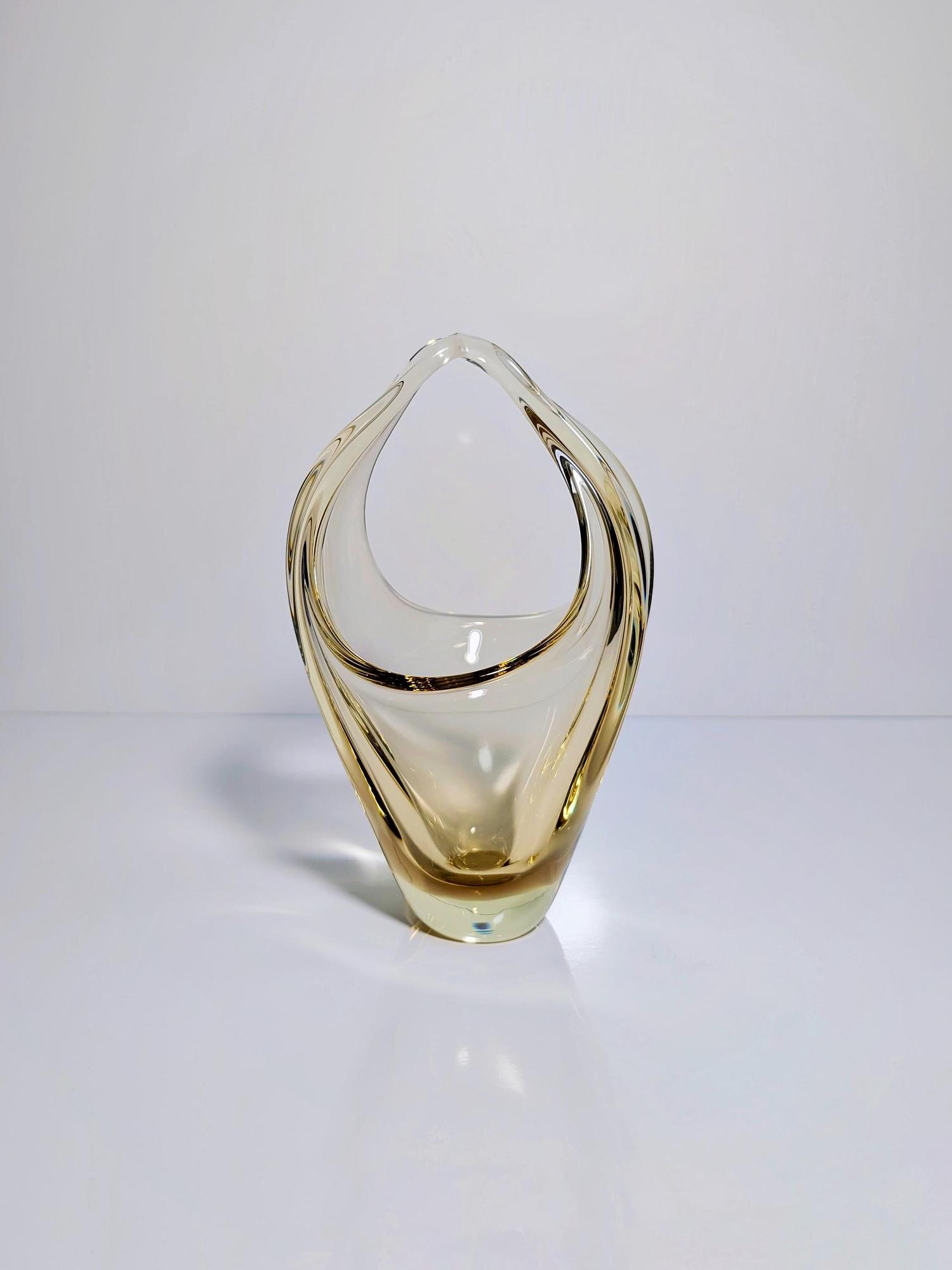 Vintage Korbschale Glas Böhmen Gelb 1960er Jahre 3