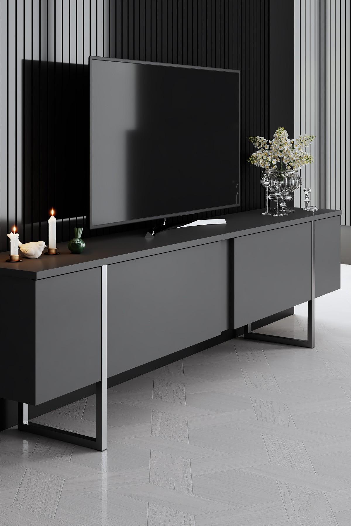 Luxe TV-Schrank Holz Anthrazit Silber 3