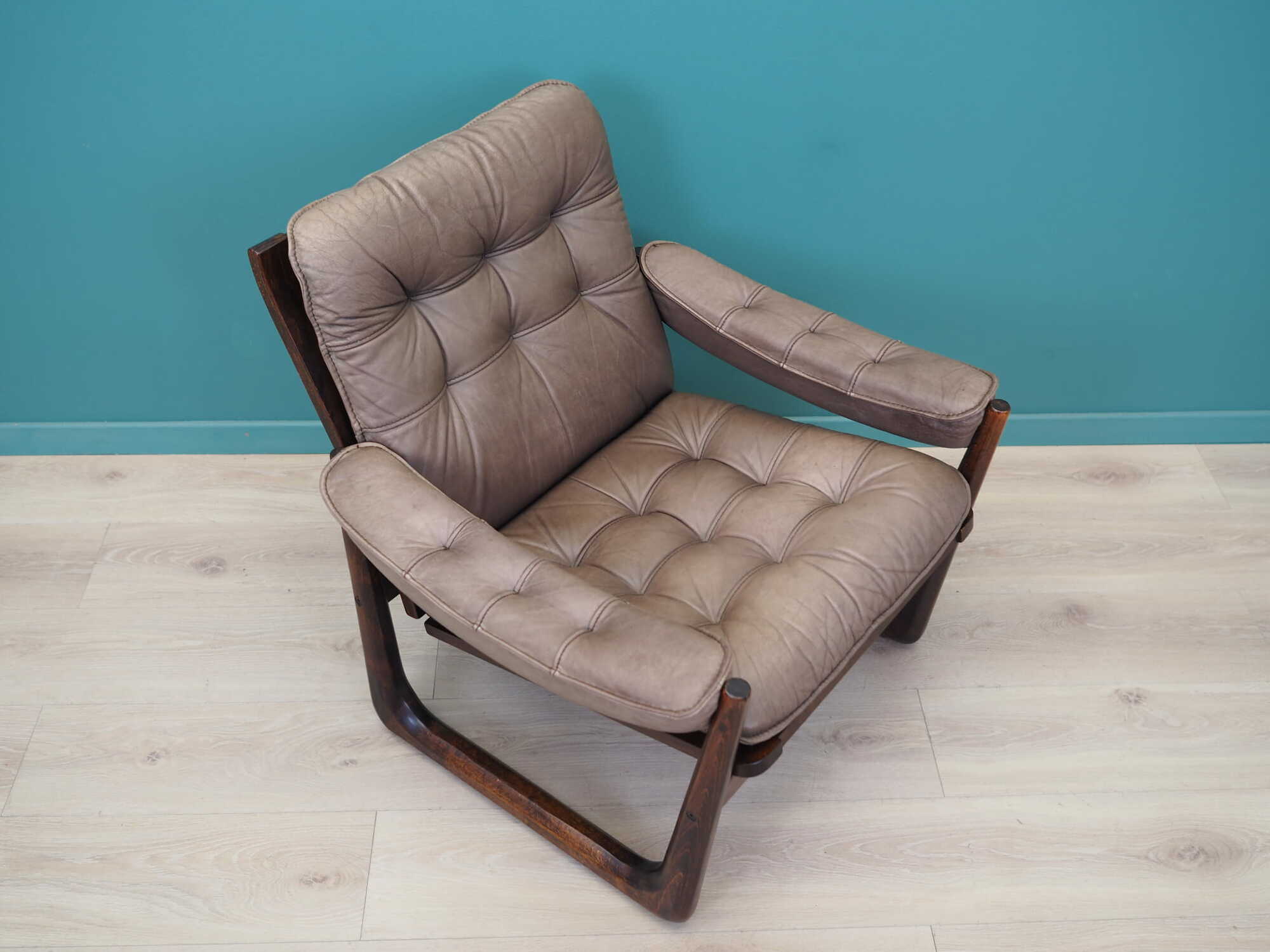 Vintage armchair leather wood brown 1960s 6