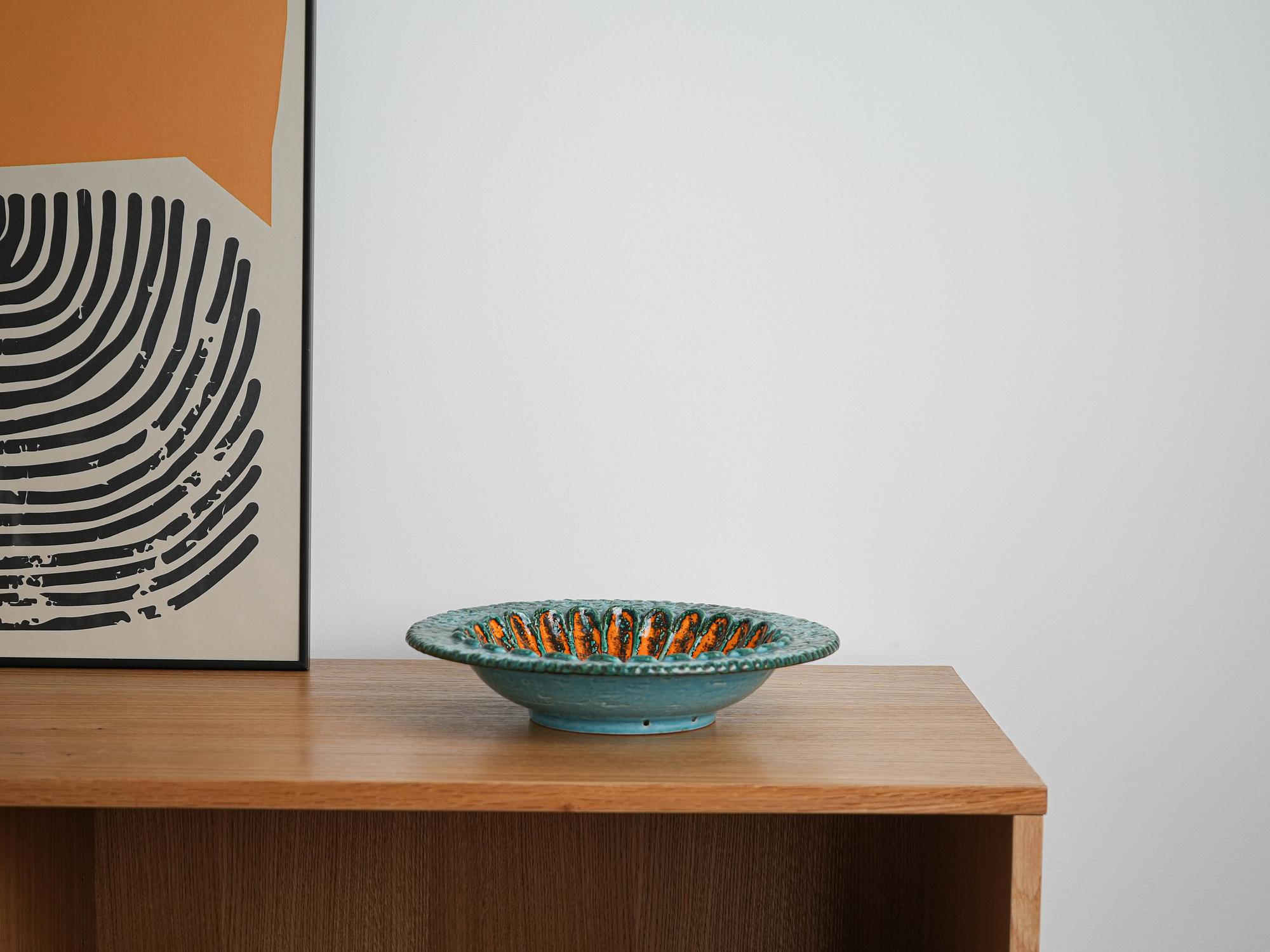 Decorative plate ceramic turquoise orange 1960s 6