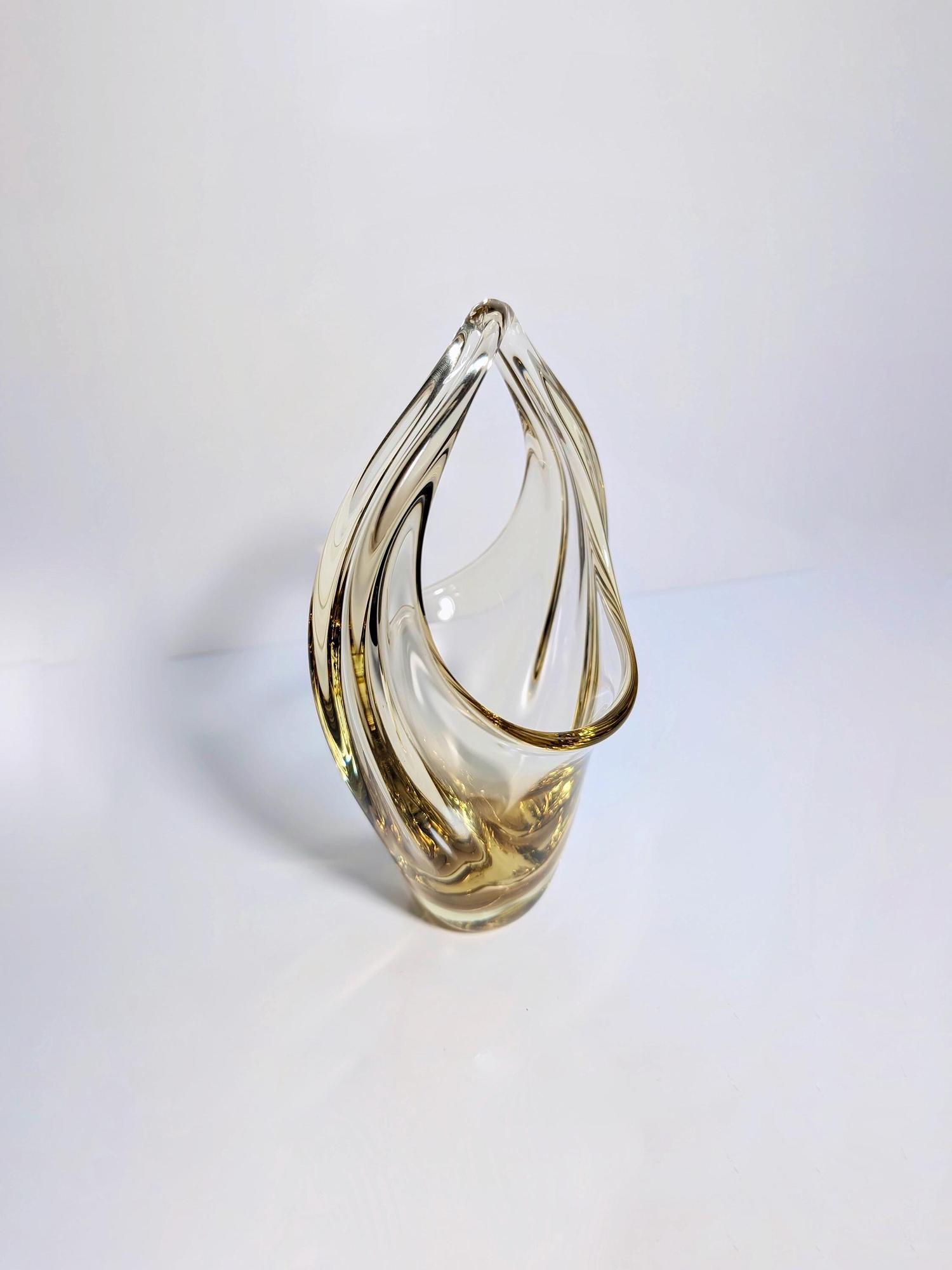 Vintage wicker bowl glass Bohemia yellow 1960s 2