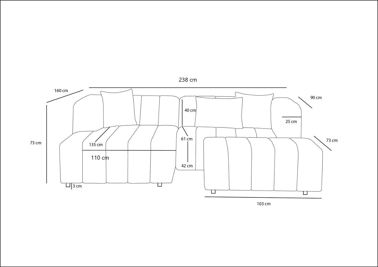 Beyza Sofa Récamiere Links mit Hocker Creme 9