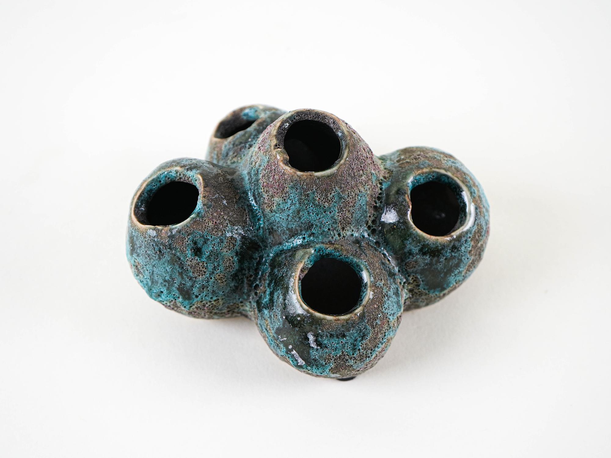 Flower Frog Vase Ceramic Turquoise 1960s 1
