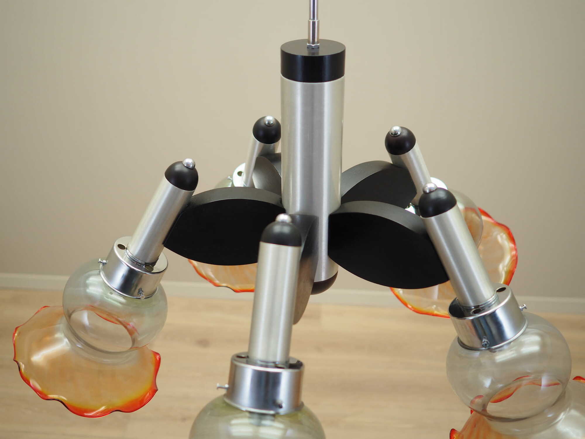 Vintage chandelier glass wood orange 1970s 6