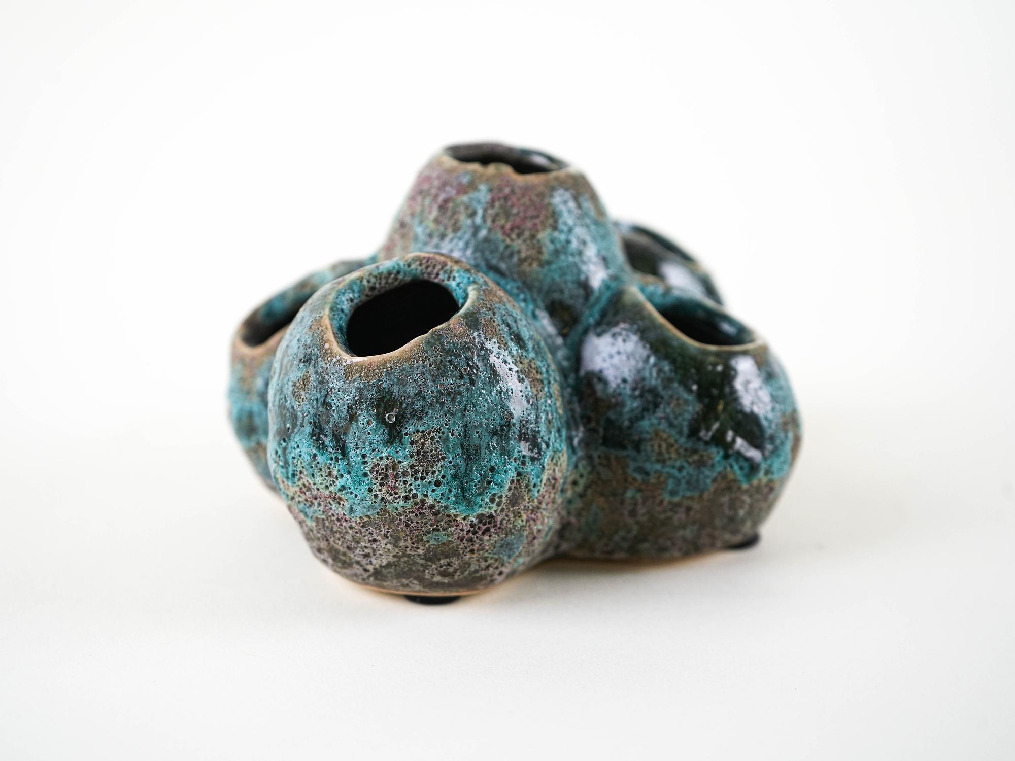 Flower Frog Vase Ceramic Turquoise 1960s 5