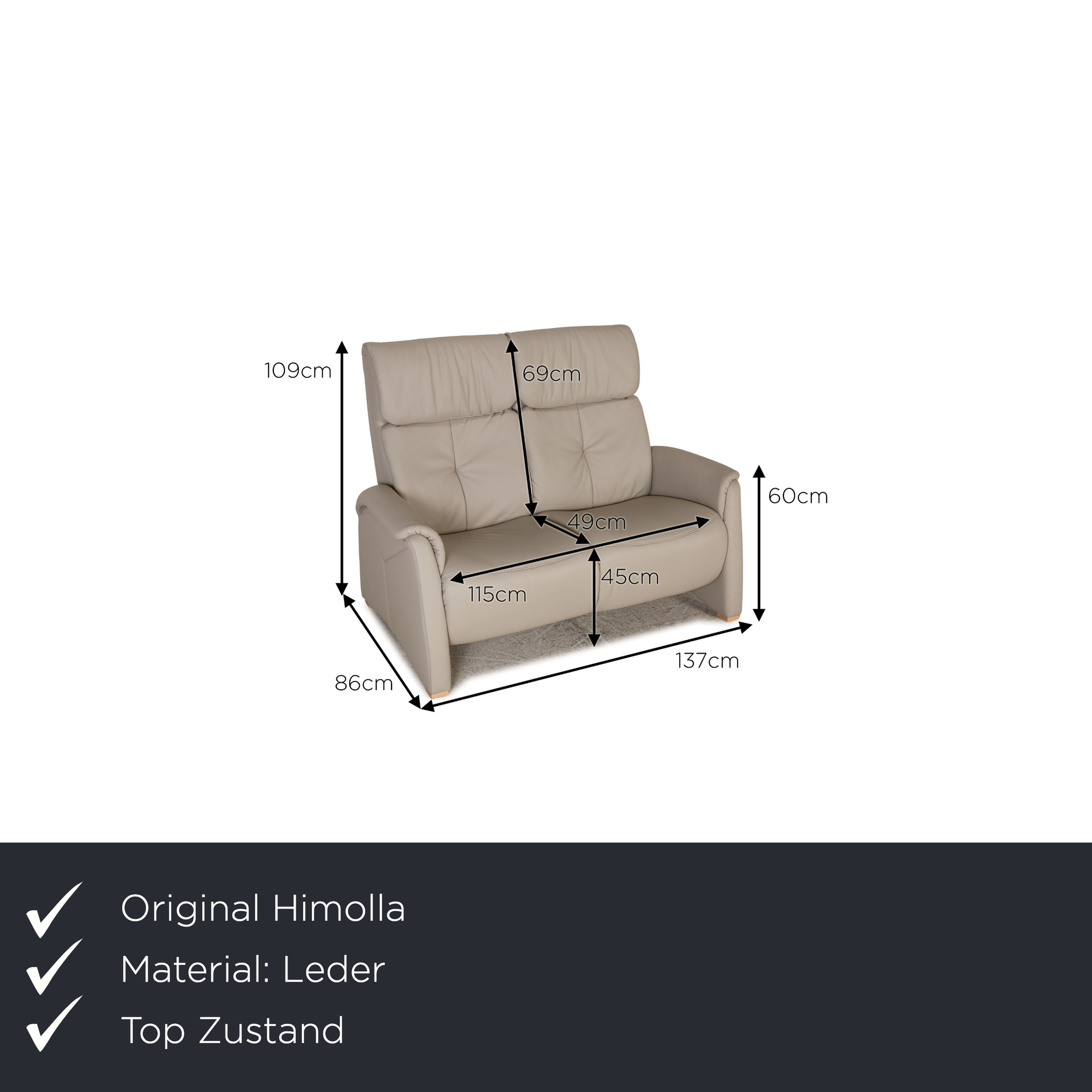 Sofa 2-Sitzer Leder Grau 1