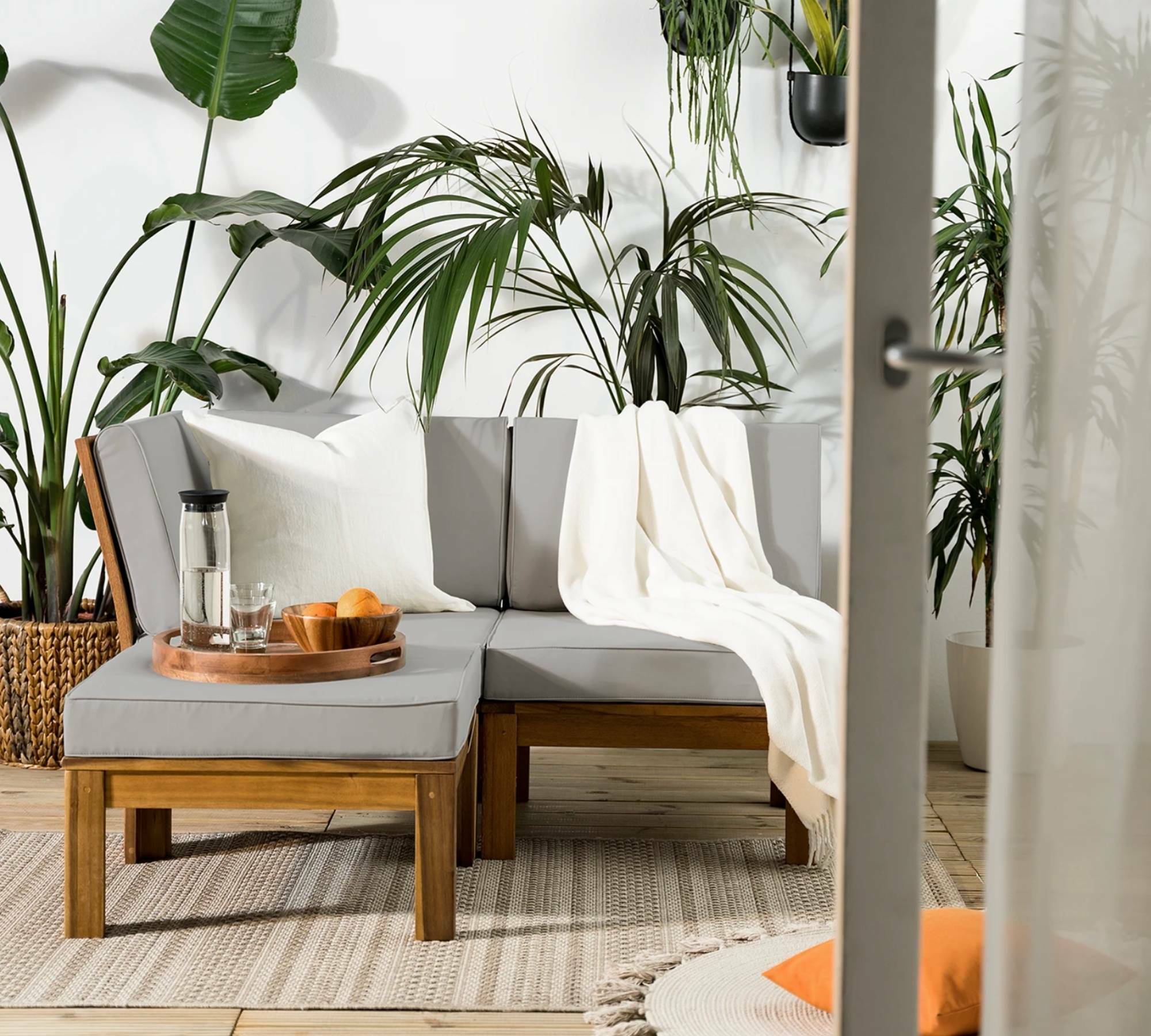 Loungehocker LEXI Webstoff / Akazie massiv Hellgrau 7