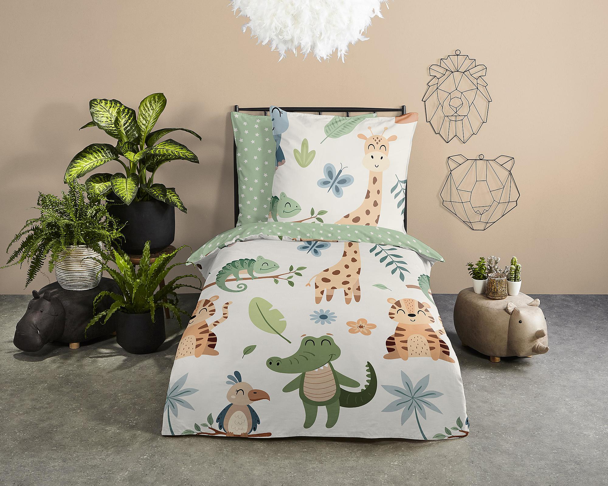 Kinder-Bettwäsche Renforcé Grün 140x200cm Kissen 70x90cm 2