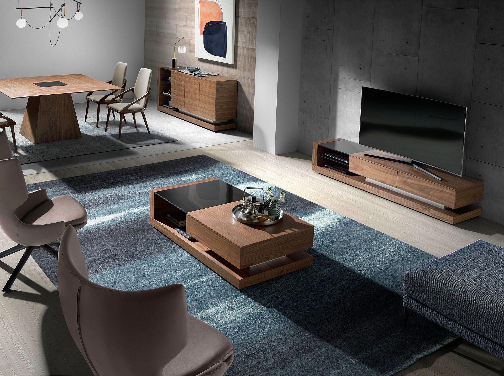 TV cabinet walnut, polished steel and black glass top 3139 3