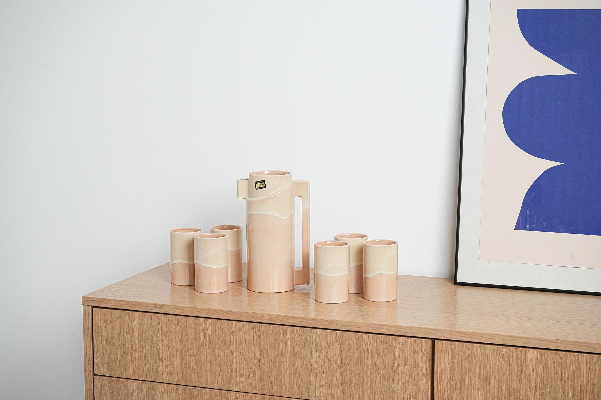 Keramikkrug und Tassenset Beige 1960er Jahre 8