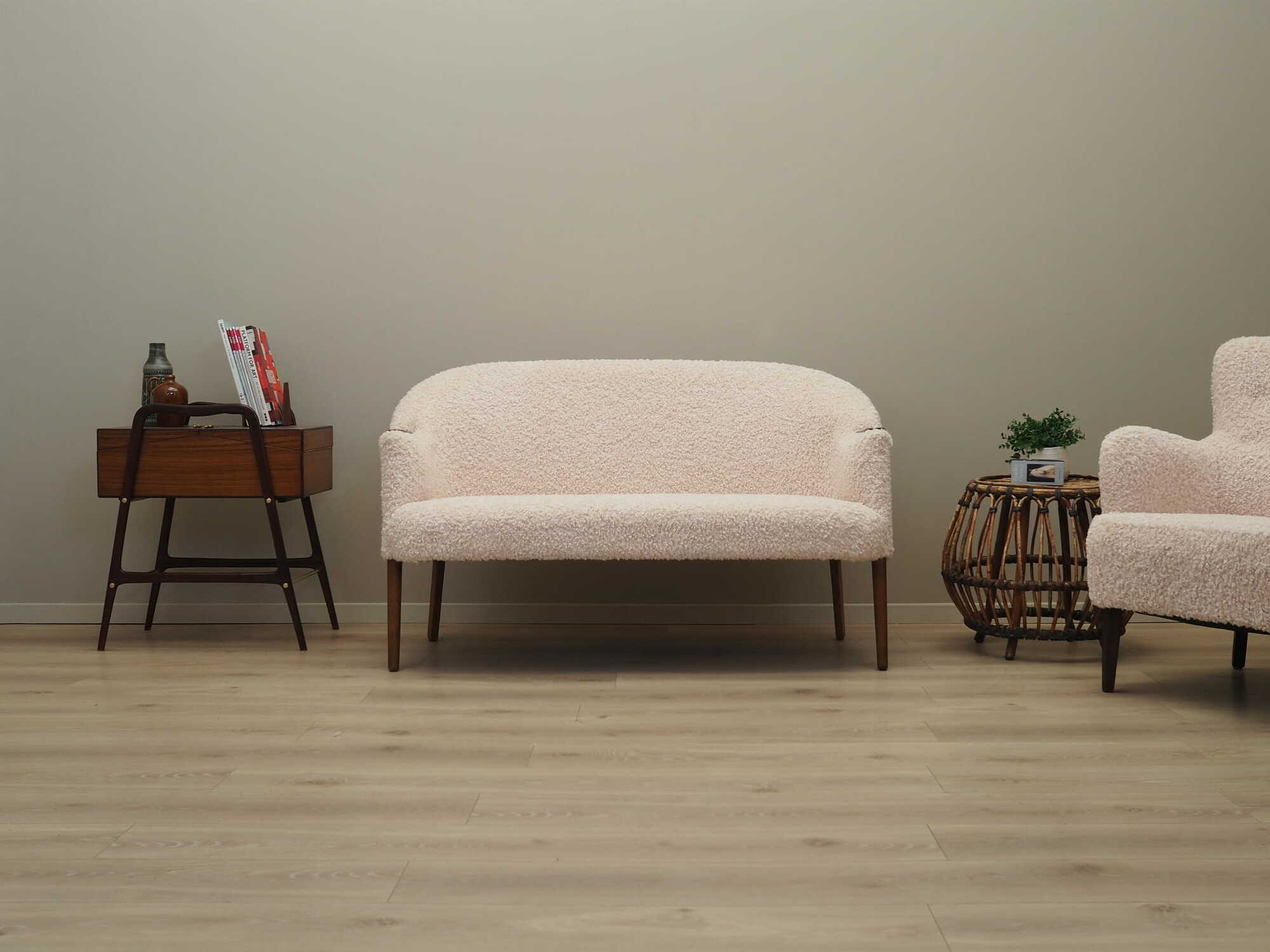 Vintage Sofa Fabric Wood Cream 1970s 1