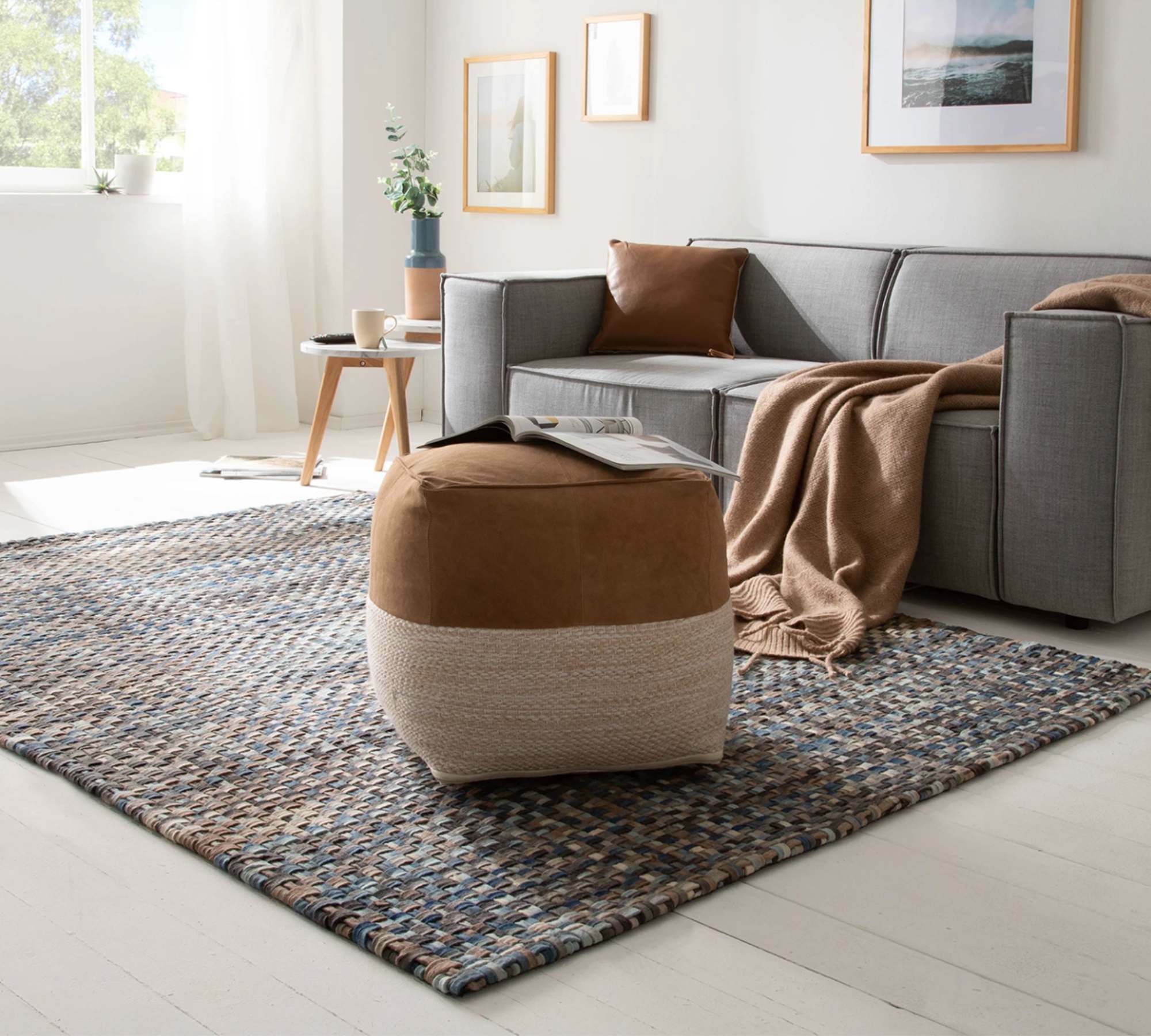 Pouf Echtleder Webstoff Braun Beige 3