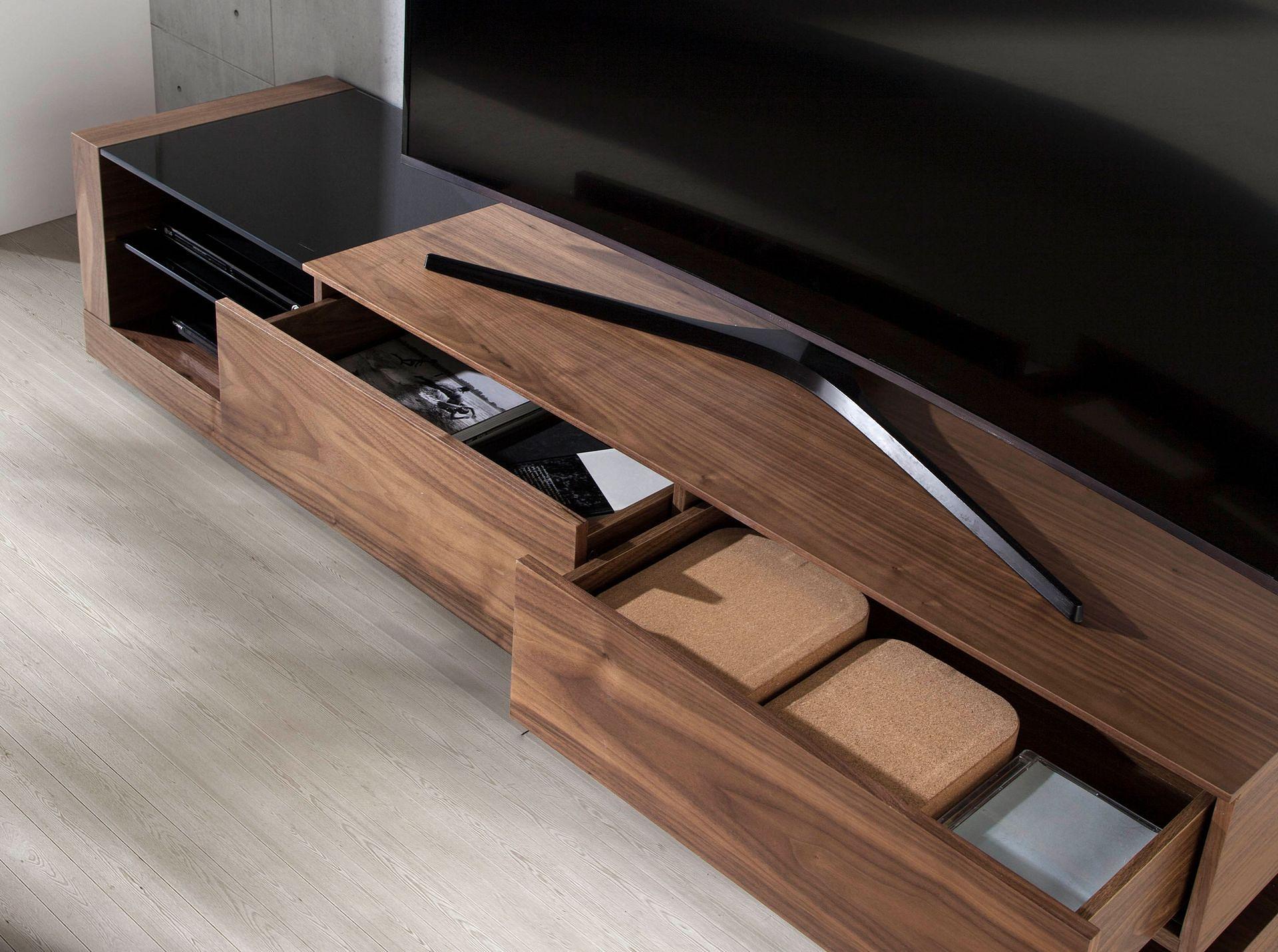 TV cabinet walnut, polished steel and black glass top 3139 4