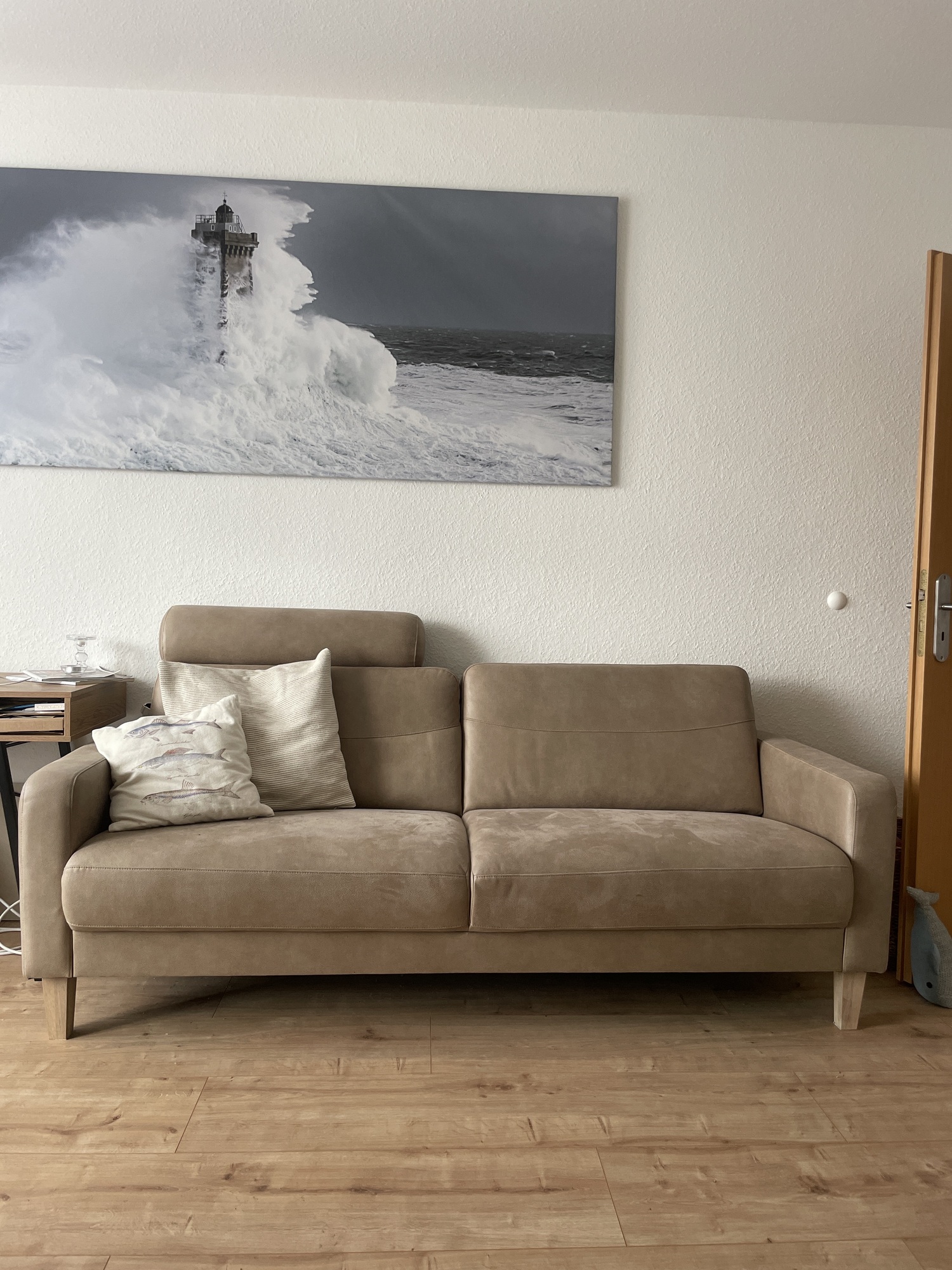 Sofa 3-Sitzer Kunstleder Holz Beige 0