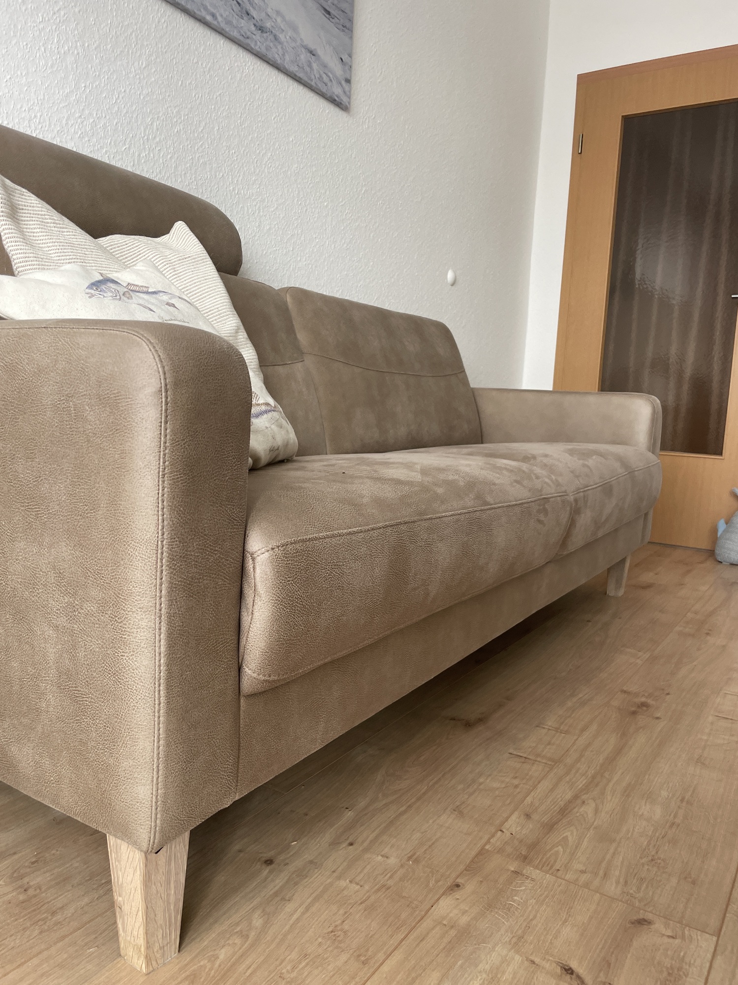 Sofa 3-Sitzer Kunstleder Holz Beige 3