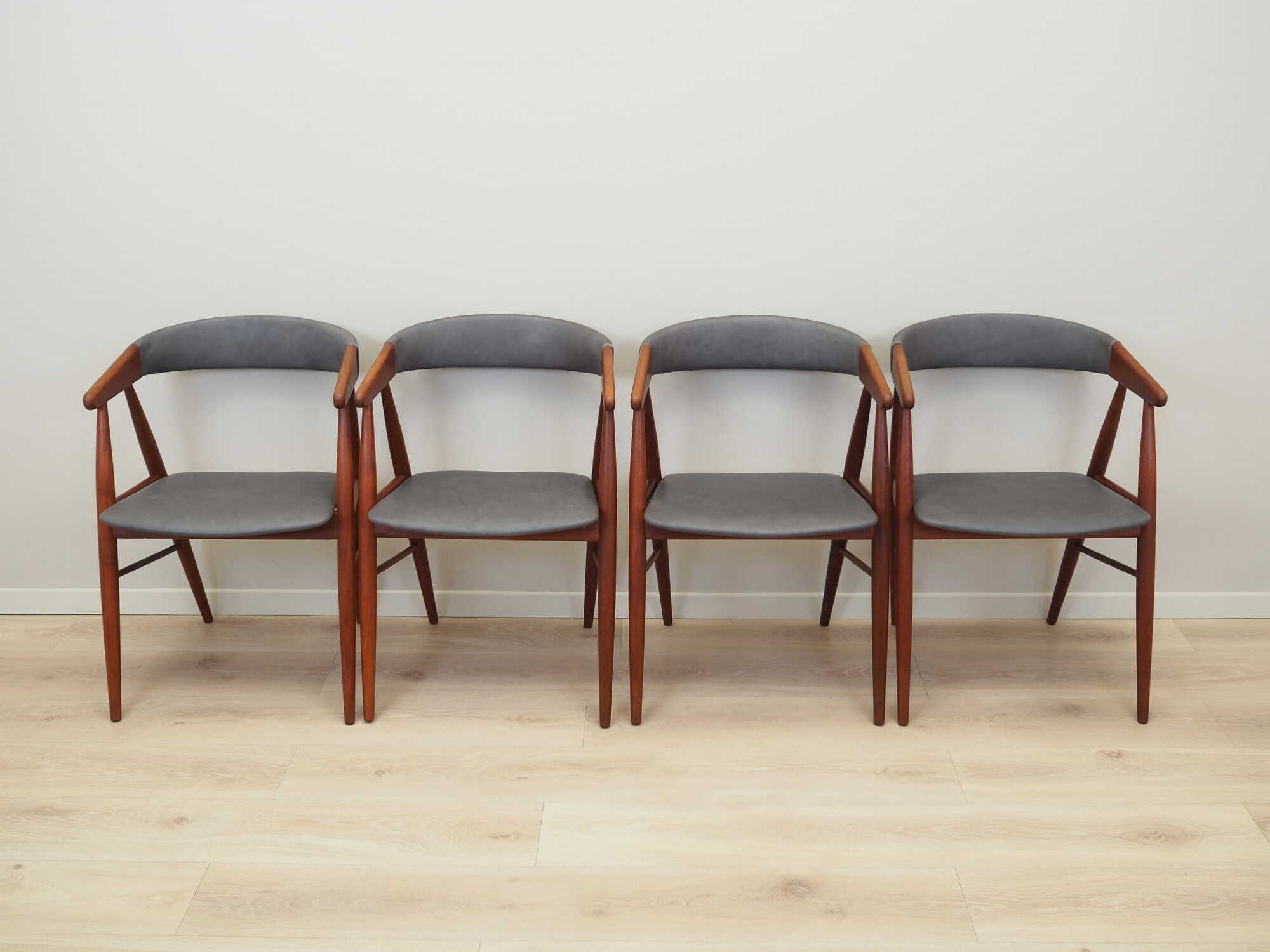 4x Vintage Chair Teak Wood Leather Gray 1960s 1