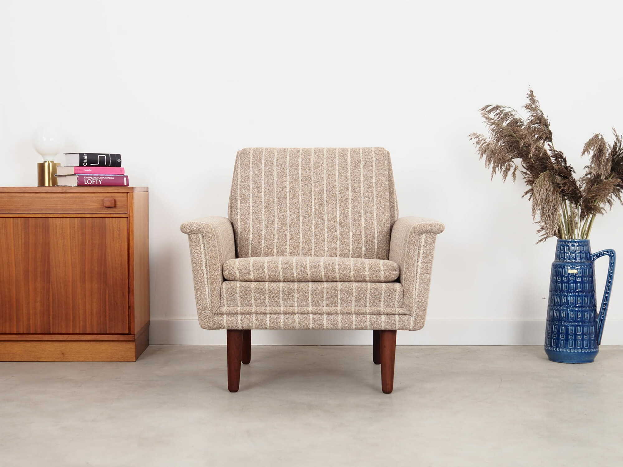 Vintage Stuhl Teakholz Textil Grau 1970er Jahre  1