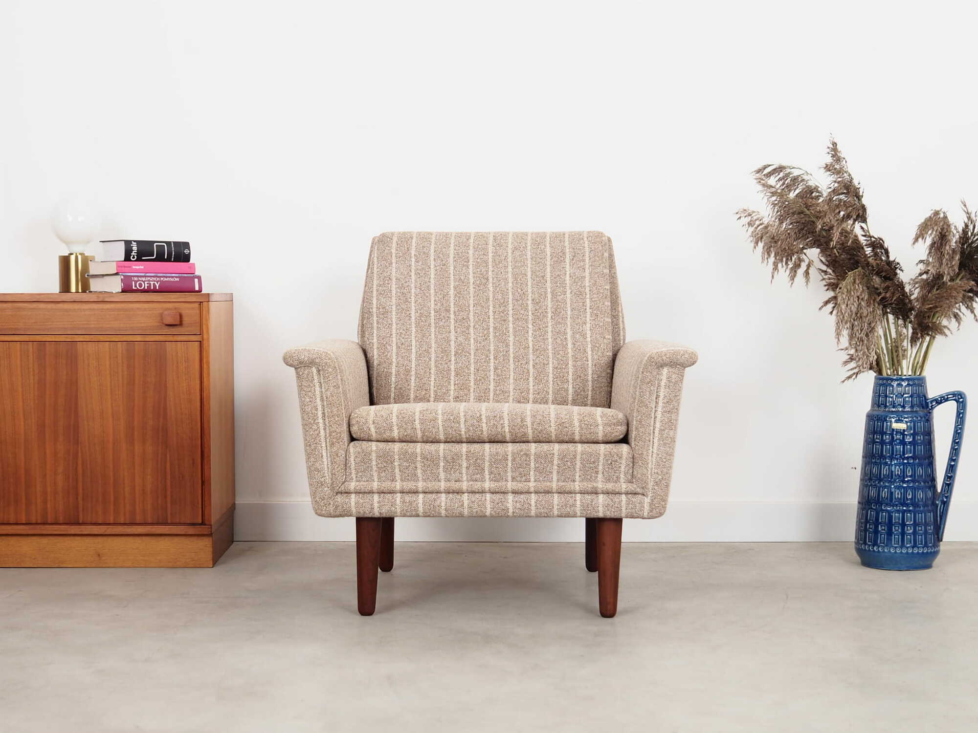 Vintage Chair Teak Wood Textile Grey 1970s 1