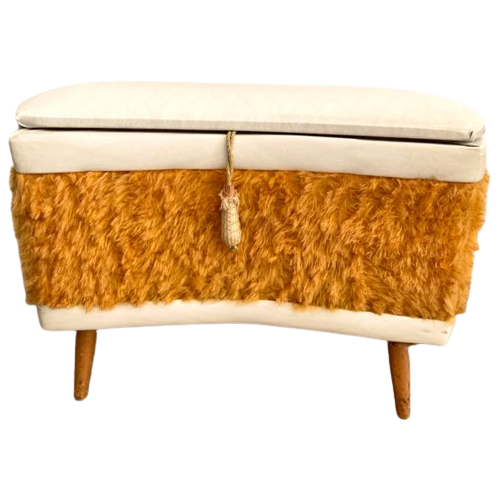 Vintage Hocker Plüsch Kunstleder Beige 1950er Jahre 0