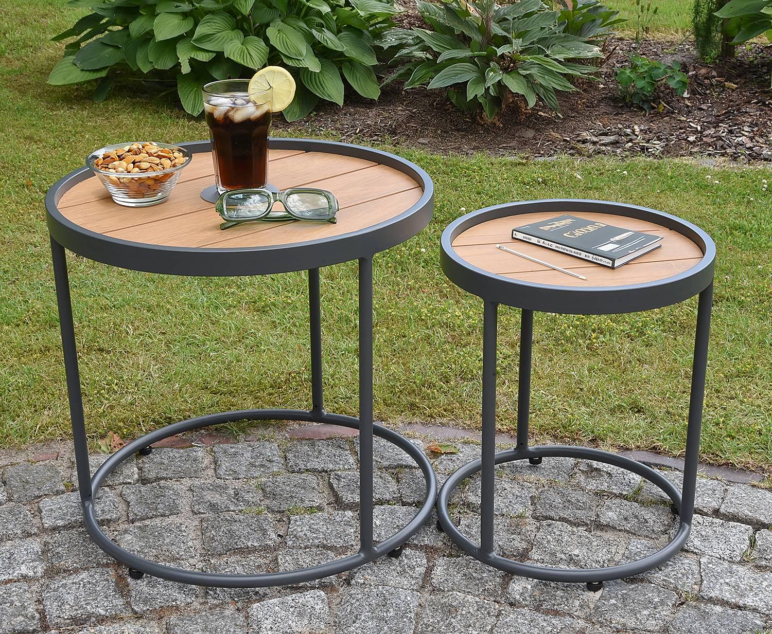 Silea Side Table Set of 2 Aluminum Teak Solid Wood Brown 2