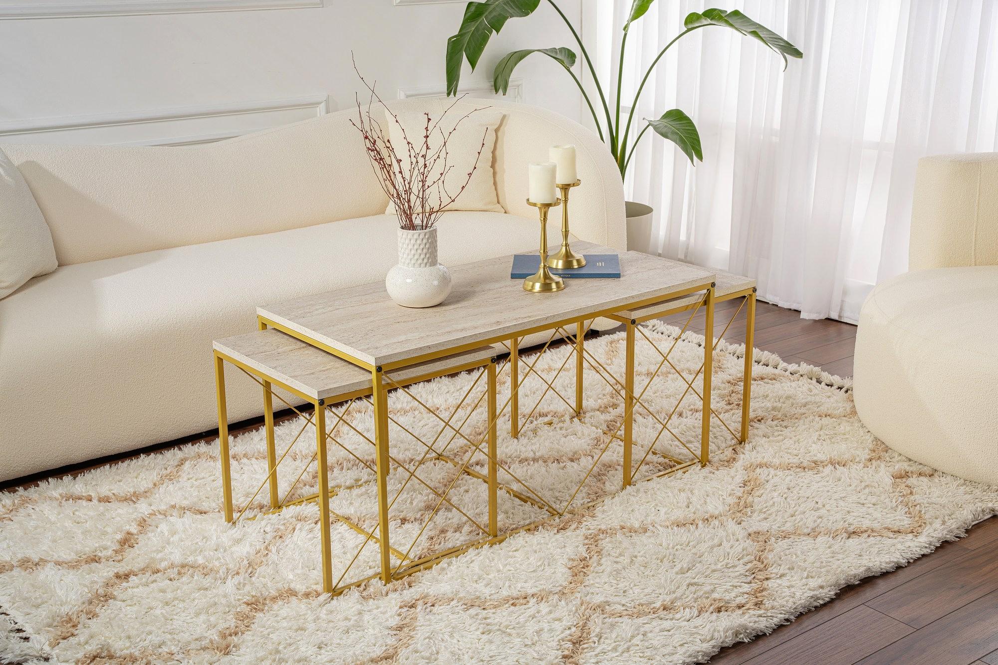 Defne Couchtisch Set Holz Travertine Gold 1