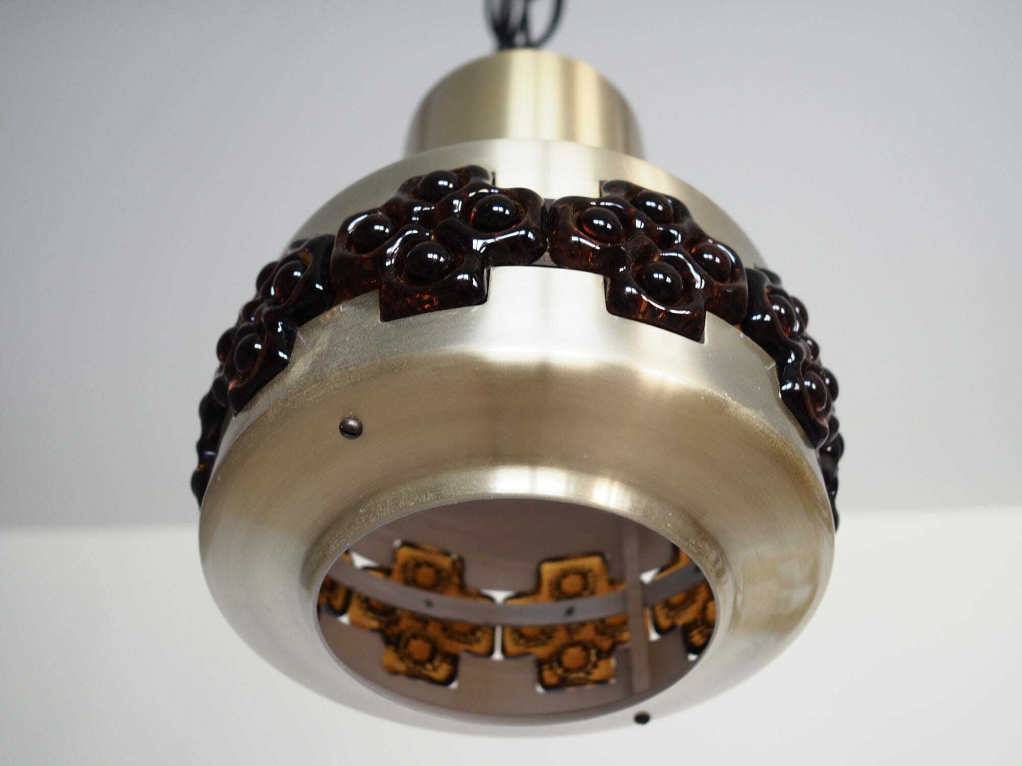 Vintage pendant lamp glass metal gold 1960s 9