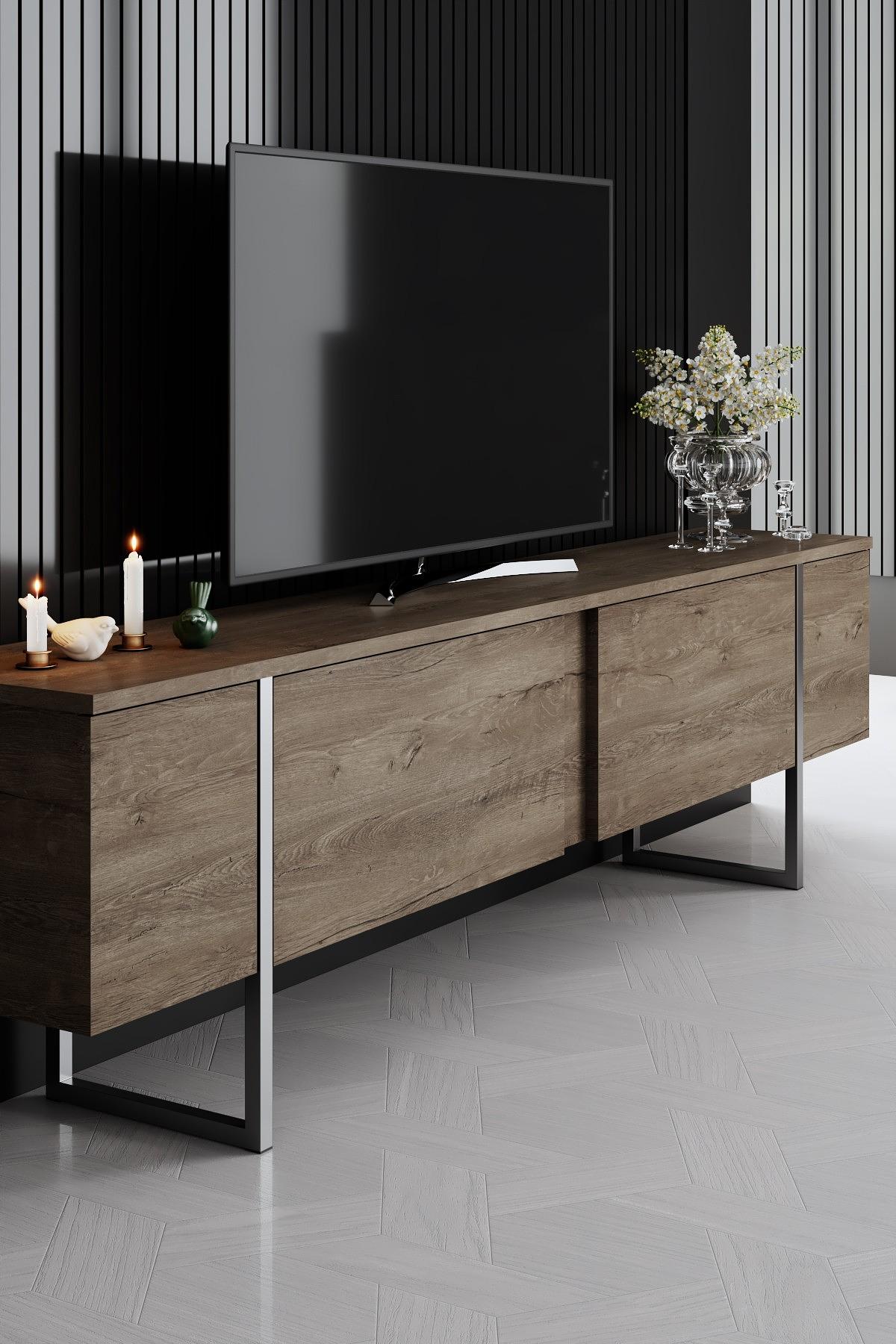 Luxe TV-Schrank Holz Walnuss Silber 3