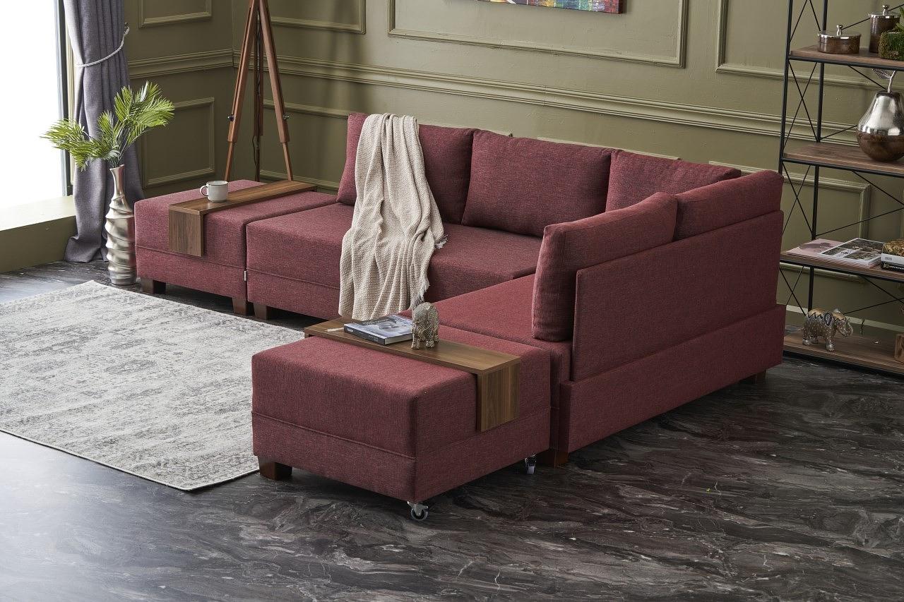 Fly Divano angolare destro con 2 pouf rosso 1