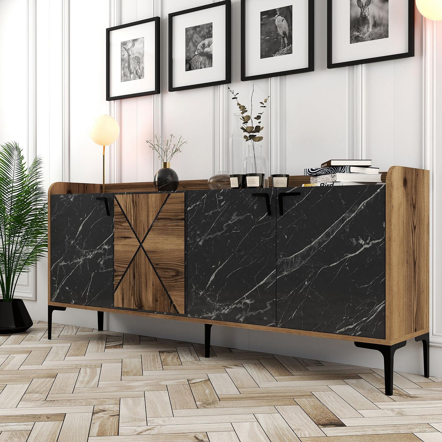 Venedik Sideboard Walnussbraun Marmoroptik Schwarz 1