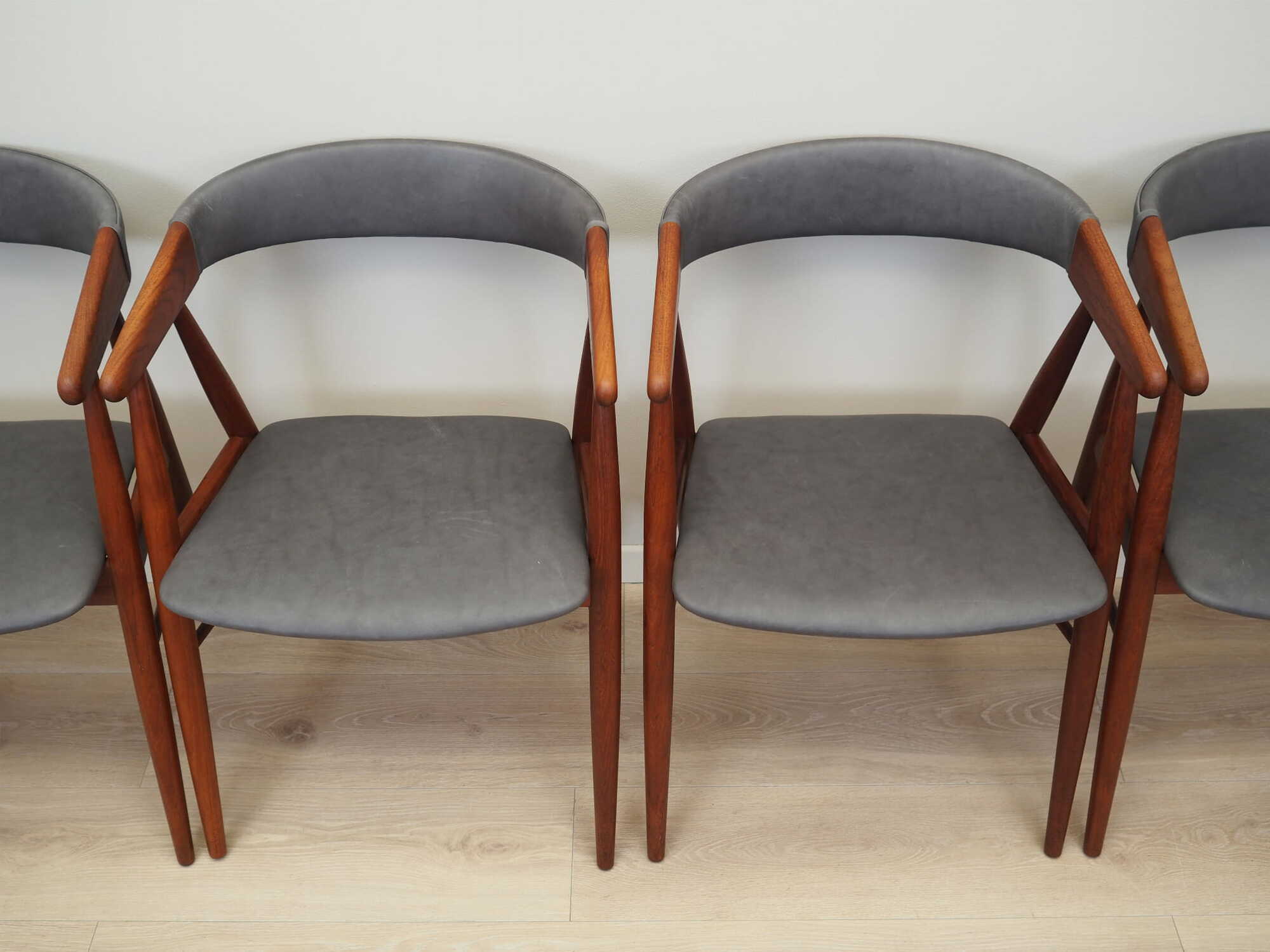 4x Vintage Chair Teak Wood Leather Gray 1960s 3