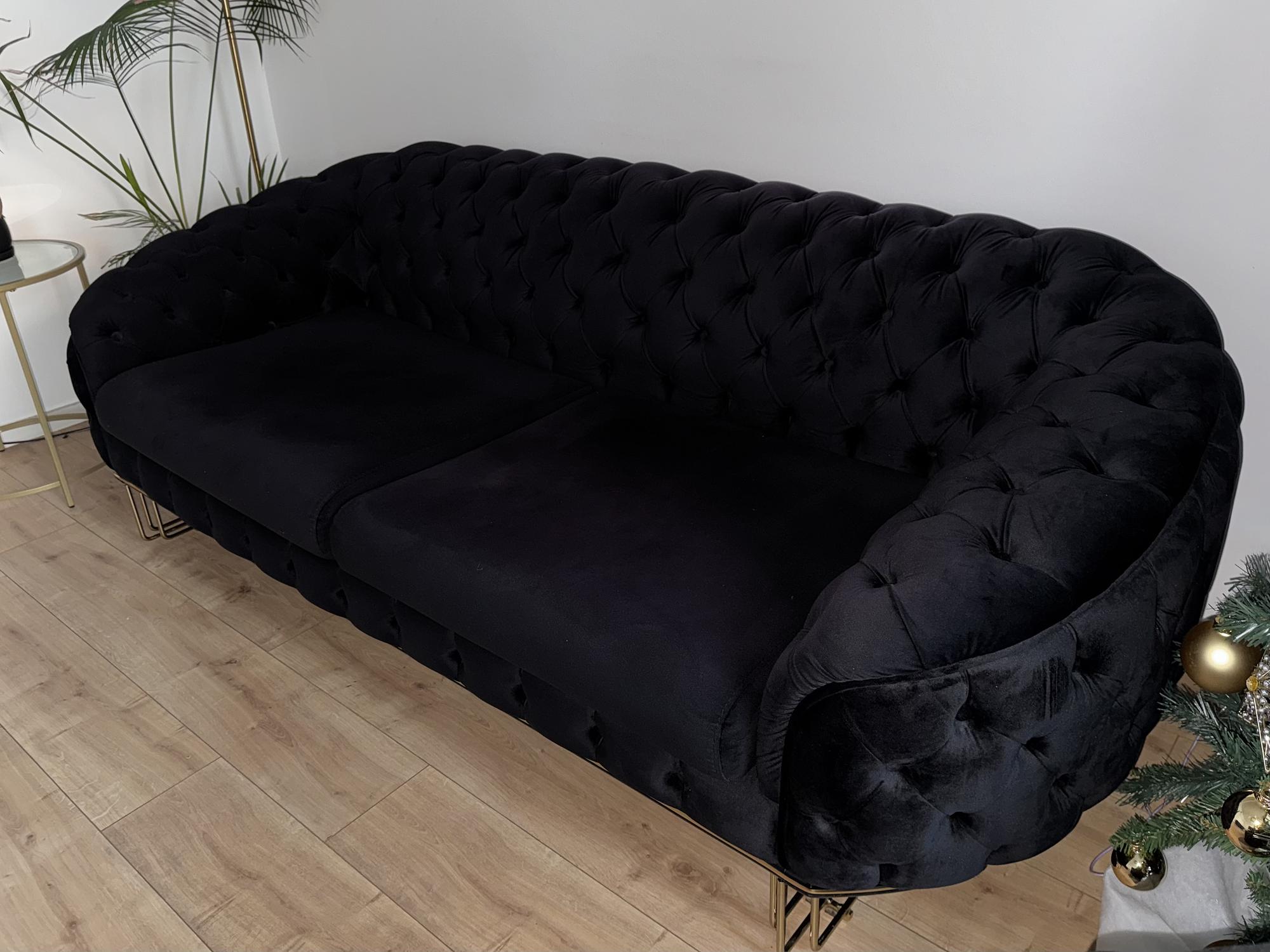 Chesterfield Couch-Set Sofa Armchair Velvet Black Gold 1