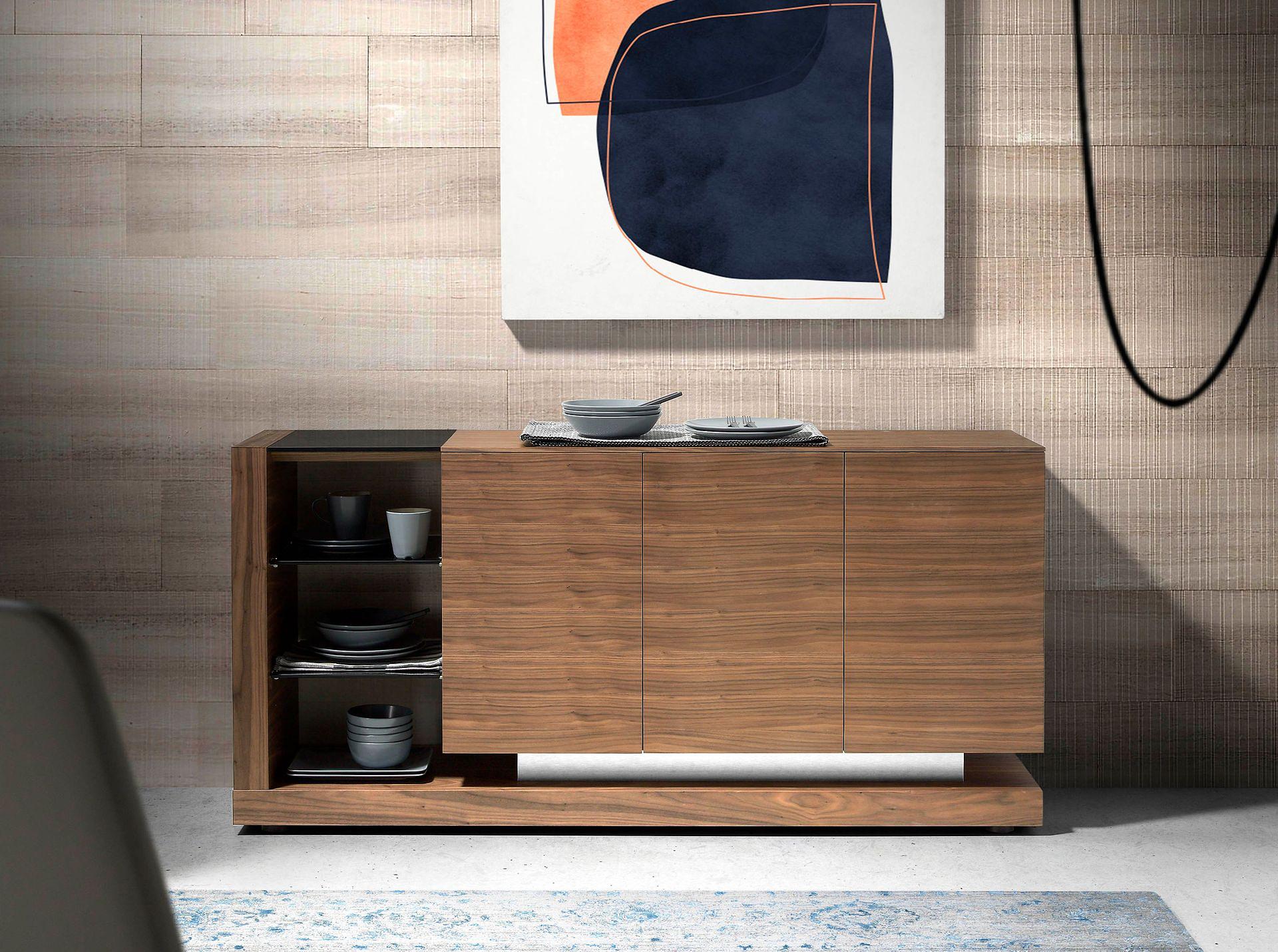 Sideboard walnut, brushed steel and black glass top 3140 2