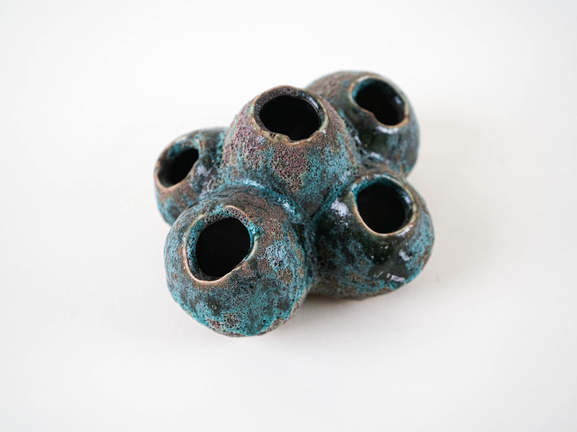 Flower Frog Vase Ceramic Turquoise 1960s 6