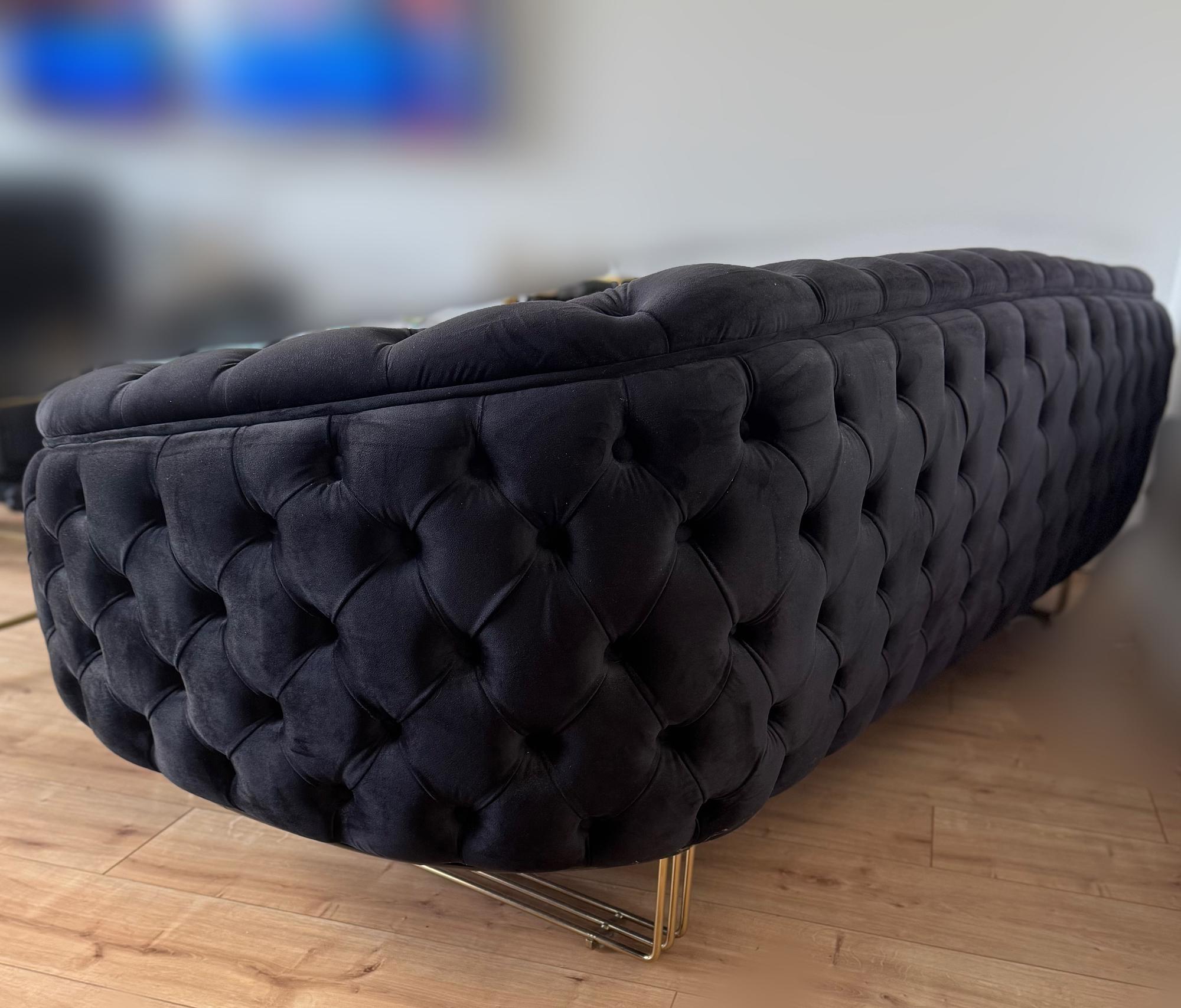 Chesterfield Couch-Set Sofa Armchair Velvet Black Gold 3