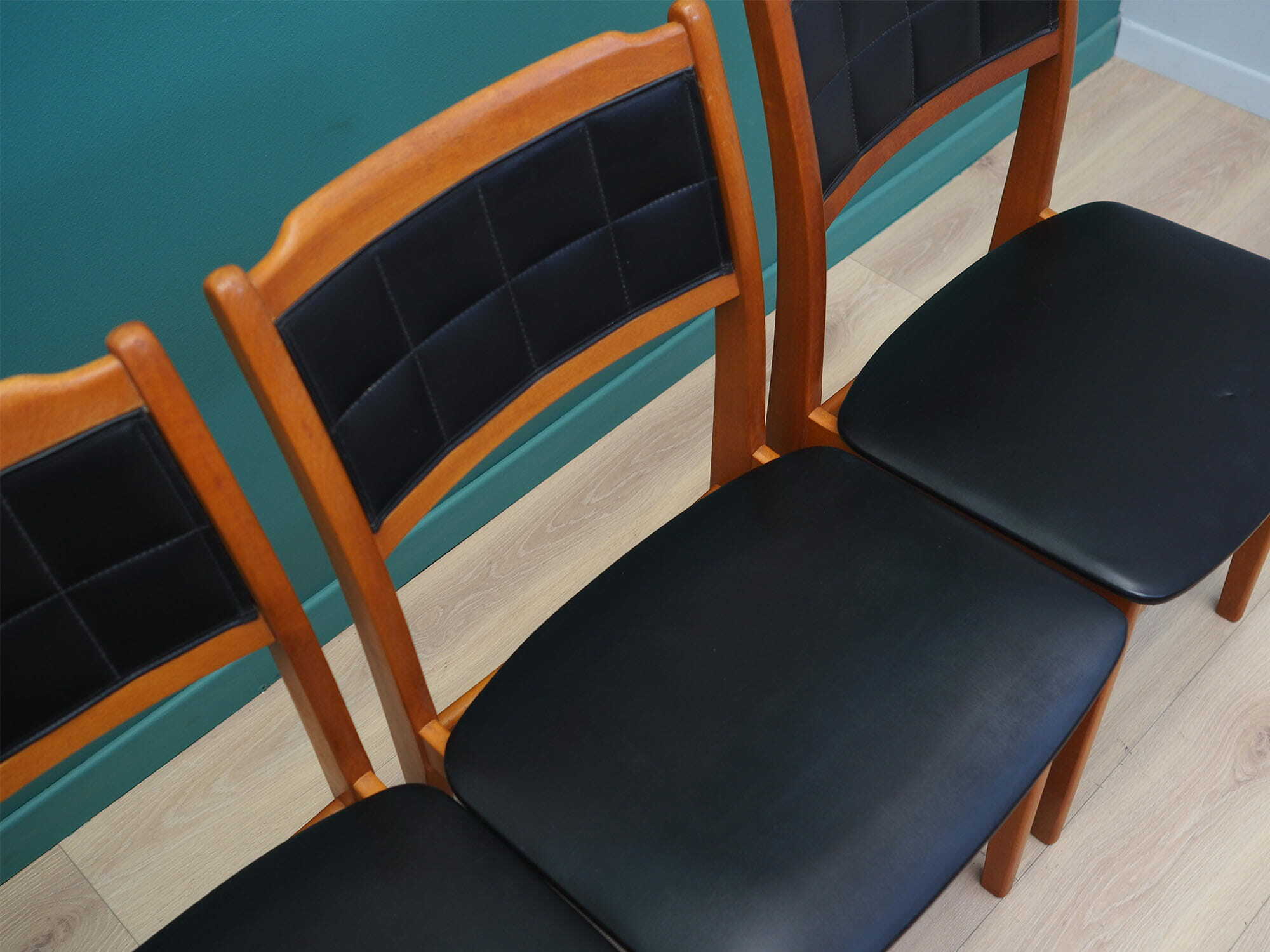 4x Vintage Chair Beech Wood Faux Leather Black 1970s 5