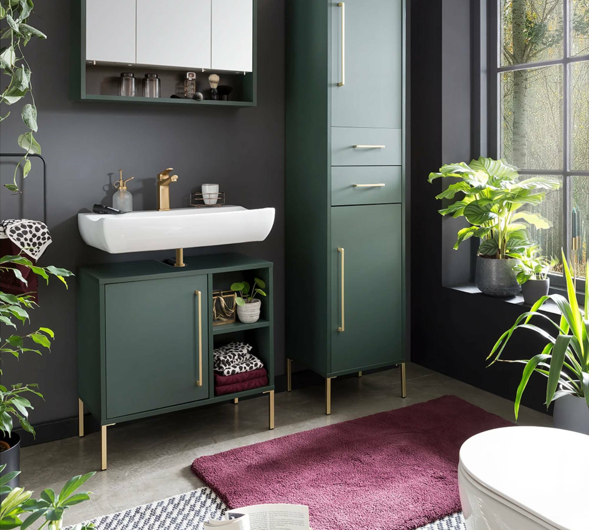 Badschrank Holz Waldgrün Gold 3