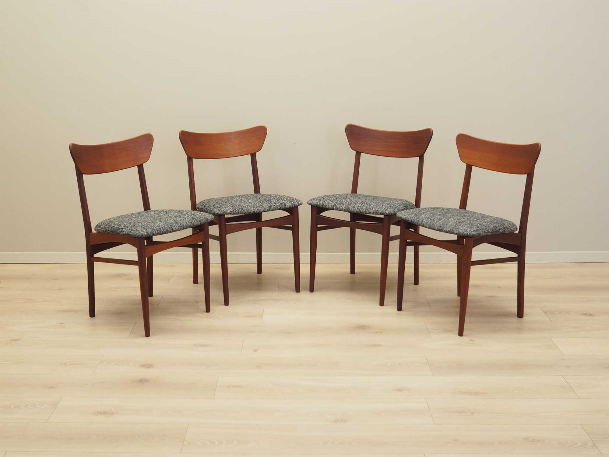 4x Vintage Dining Chair Teak Wood Textile Brown 1970s 5